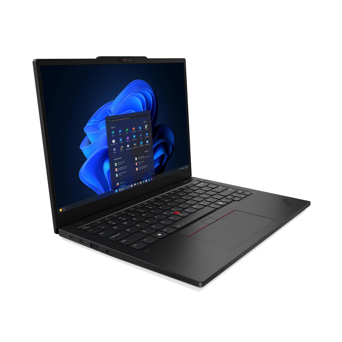 Un laptop nero con tastiera retroilluminata e sfondo blu di Windows.