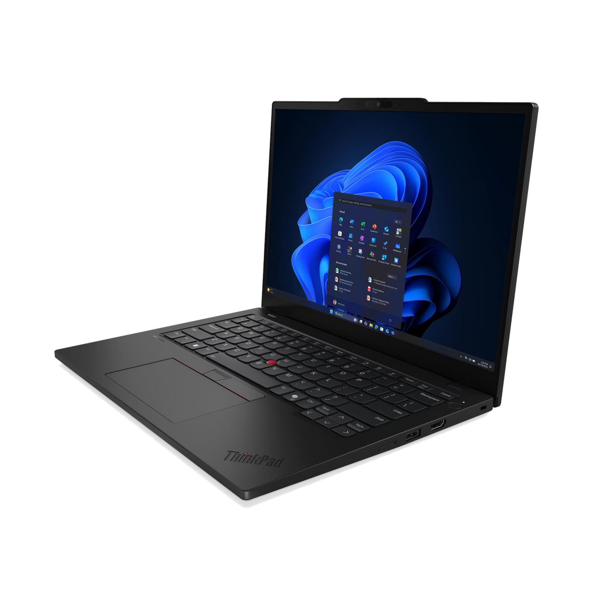 Un laptop nero ThinkPad aperto con sfondo blu di Windows sullo schermo.