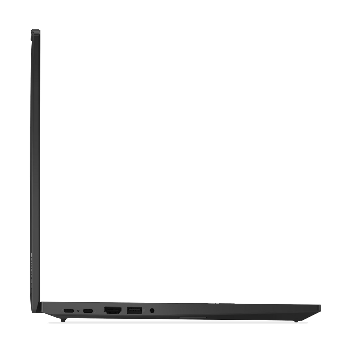 Vista laterale di un laptop chiuso e scuro con porte sul lato.