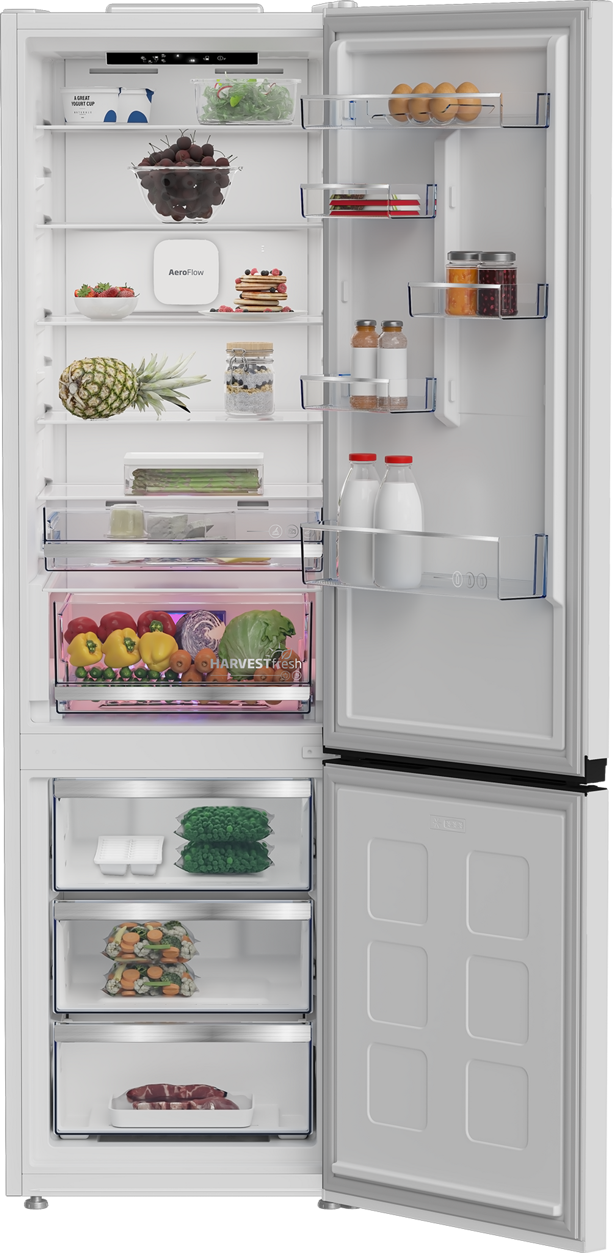 Un refrigerador abierto lleno de frutas, verduras, huevos y lácteos.