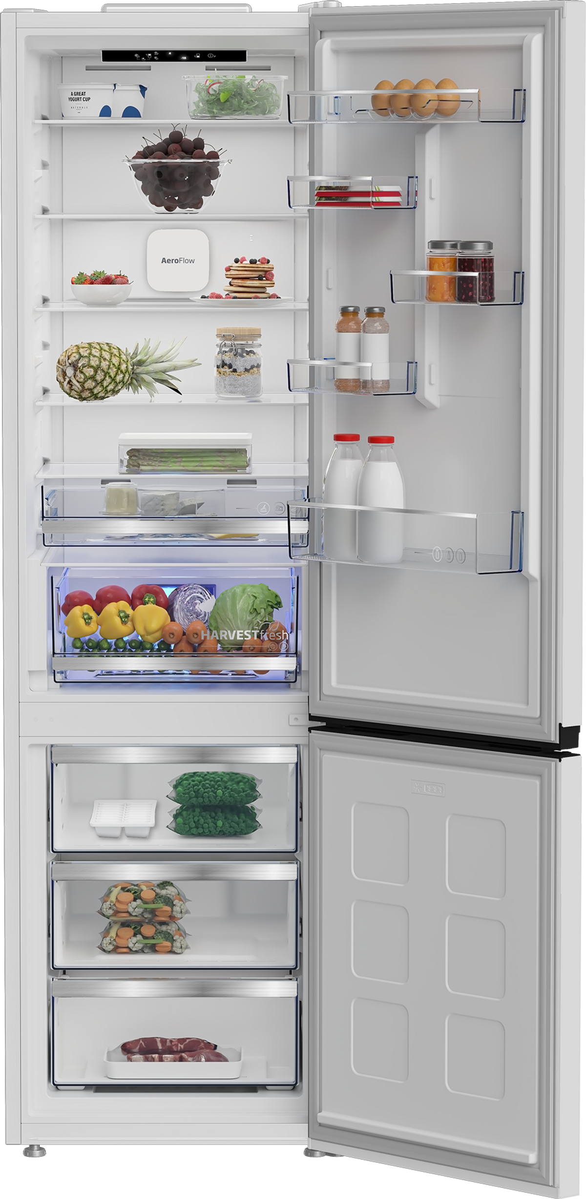 Un refrigerador abierto lleno de alimentos como huevos, frutas, verduras, bayas, yogur y carne.
