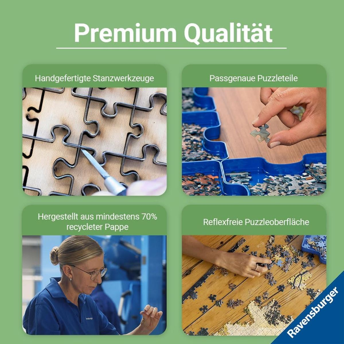 Quattro immagini mostrano caratteristiche di qualità del puzzle: attrezzi, pezzi, riciclo, superficie.