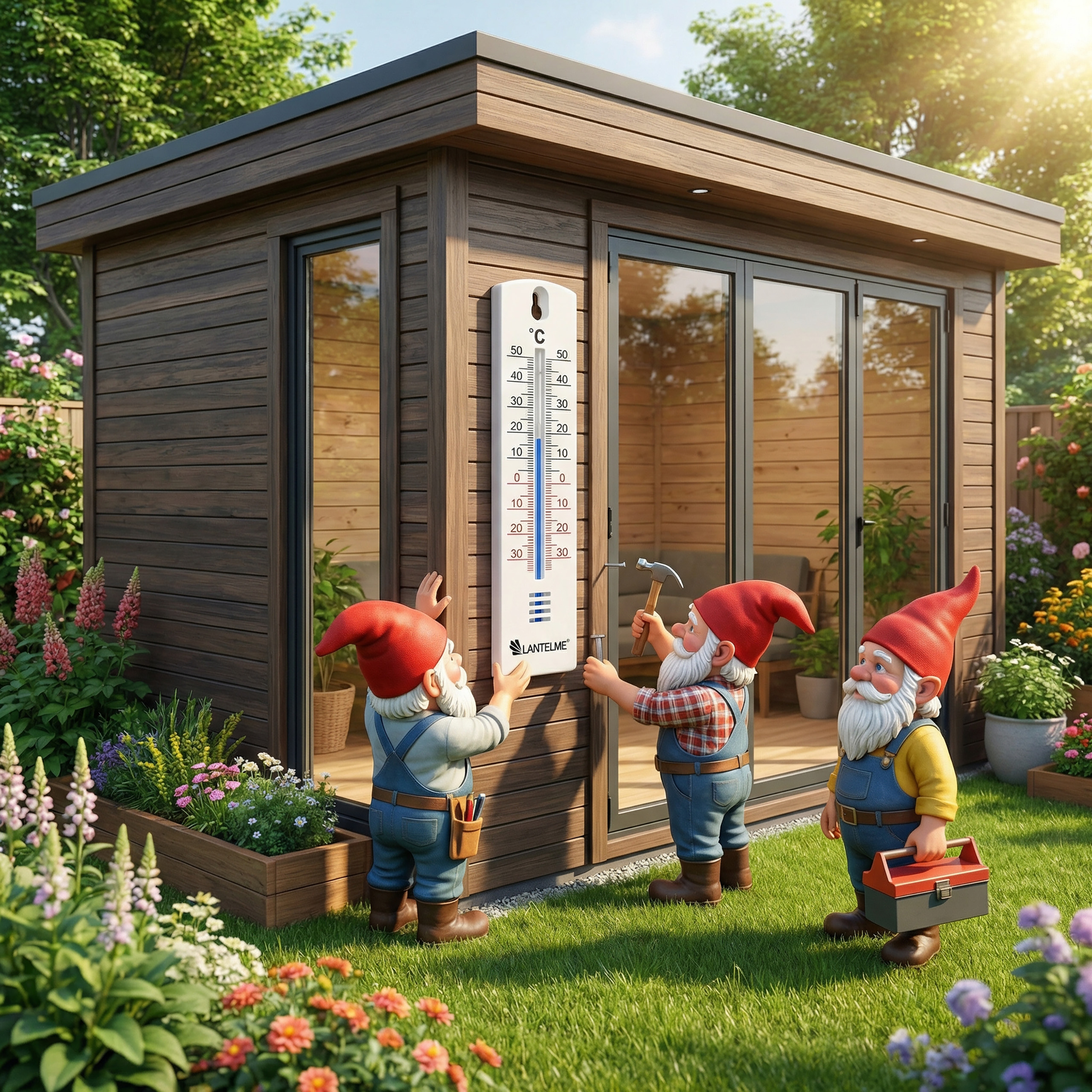 Drei Gartenzwerge reparieren ein Thermometer an einem Holzhaus in einem Blumengarten.