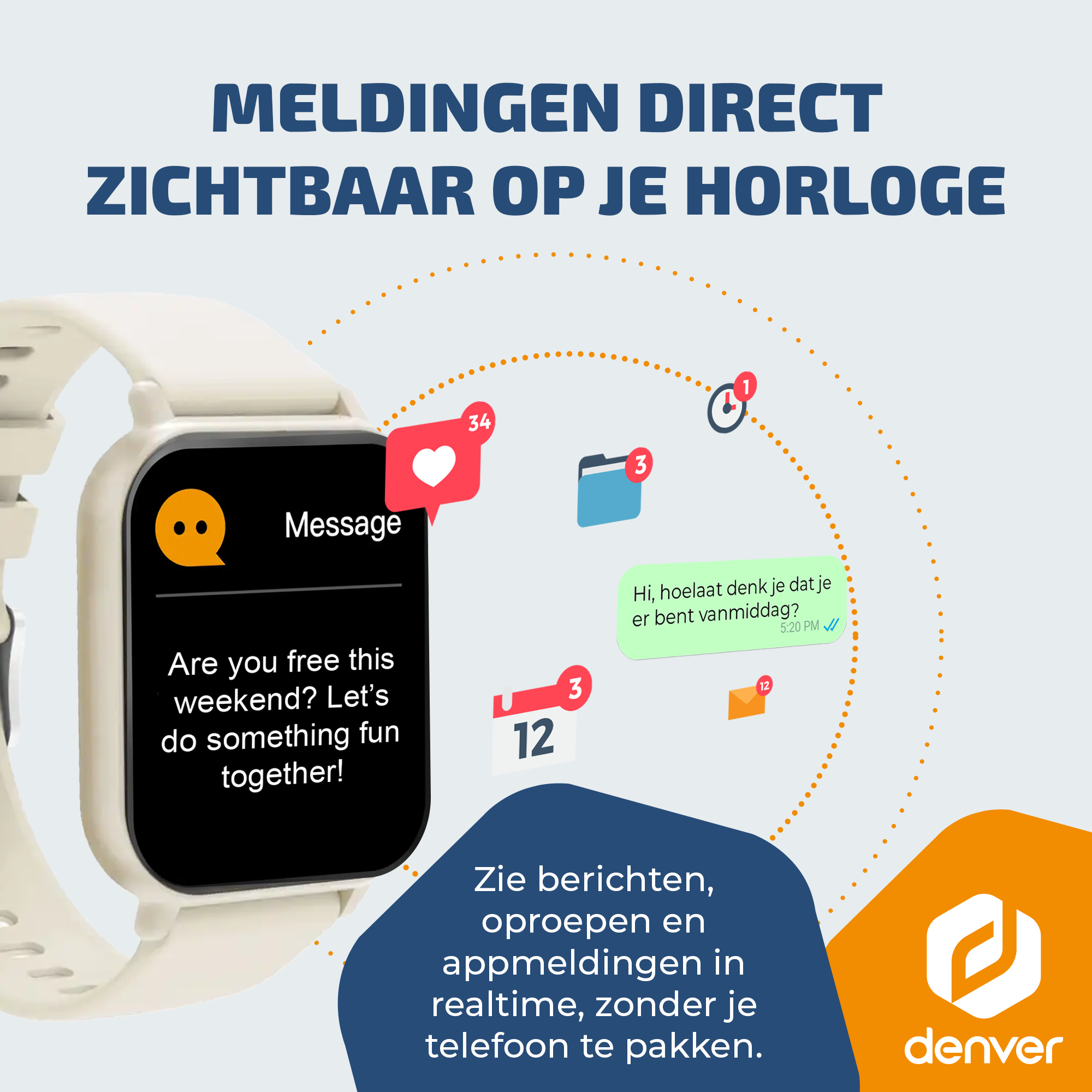 A white smartwatch displays notifications, including messages and calls.