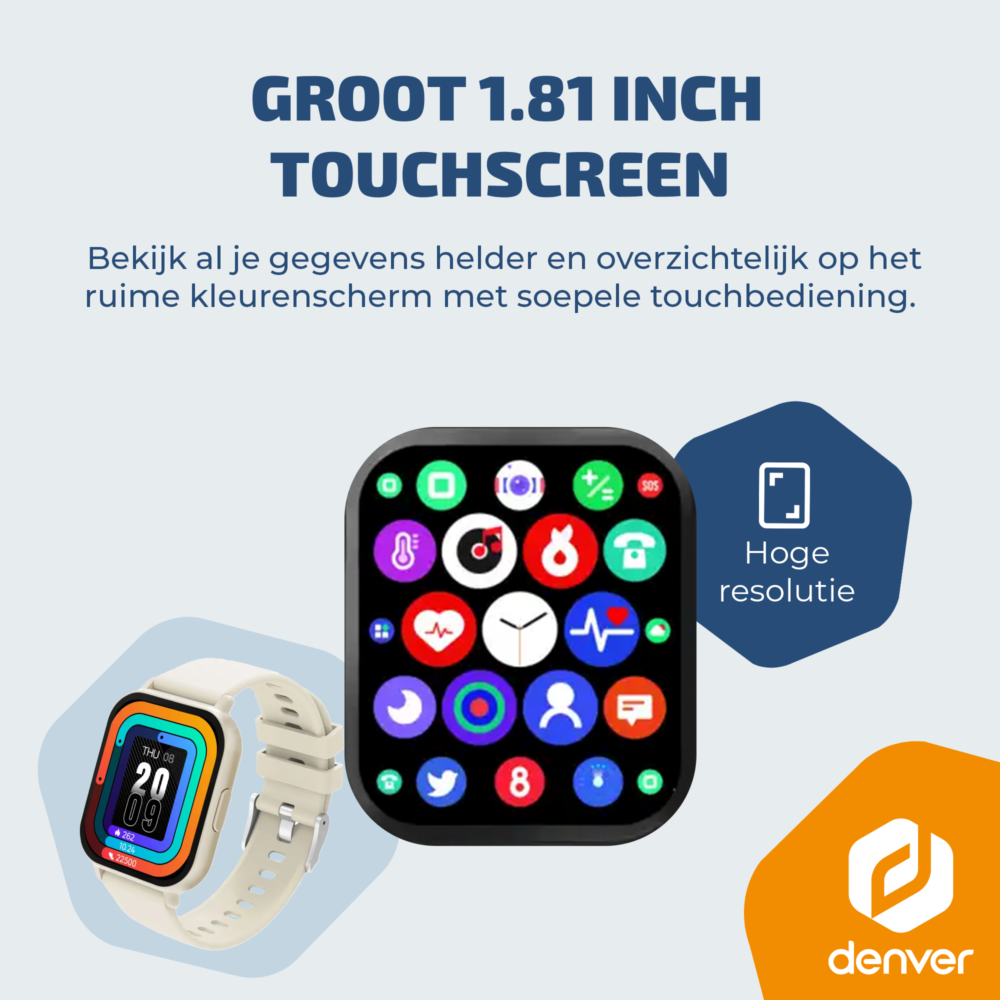A large 1.81-inch touchscreen smartwatch with many apps and a bright display.