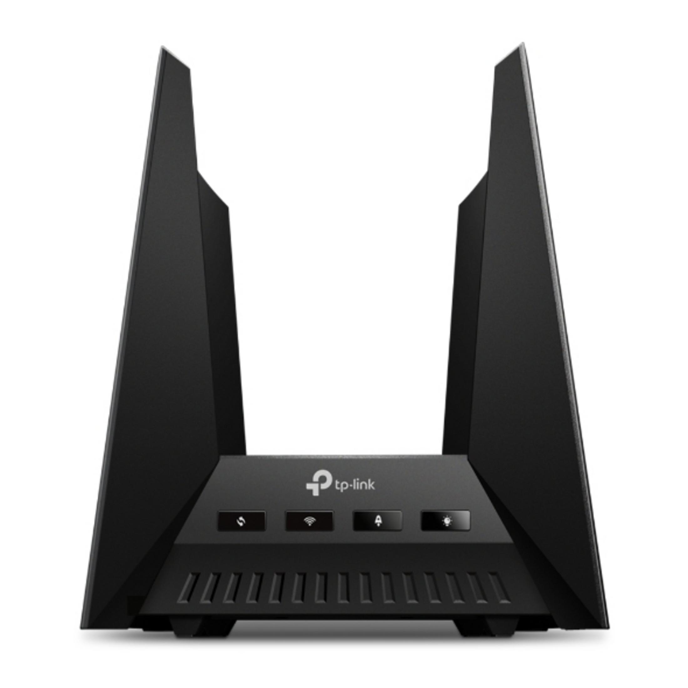 Schwarzer TP-Link Router mit zwei hohen Antennen und Lämpchen vorne.