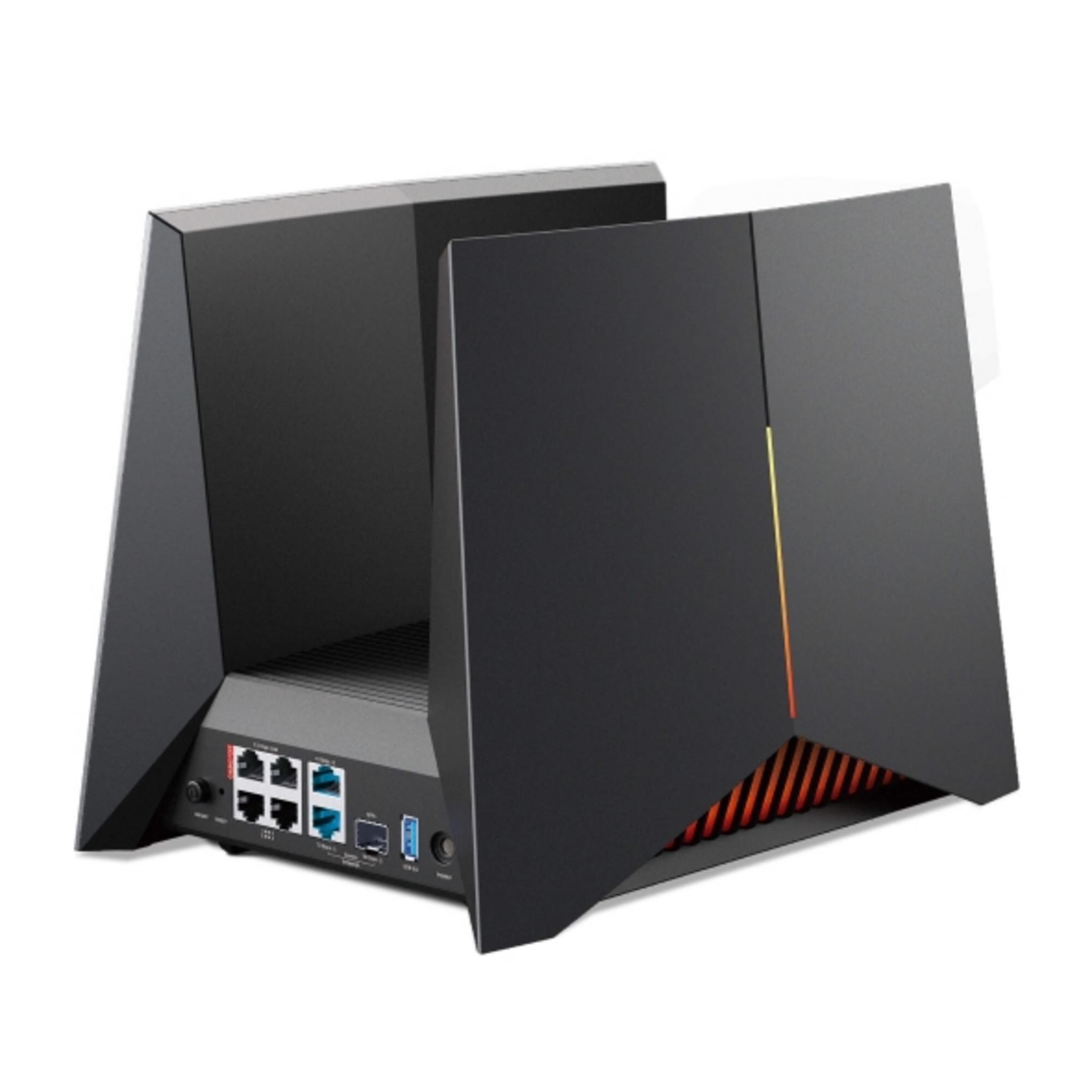 Schwarzer Router mit Lüftungsschlitzen und Anschlüssen auf der Rückseite.