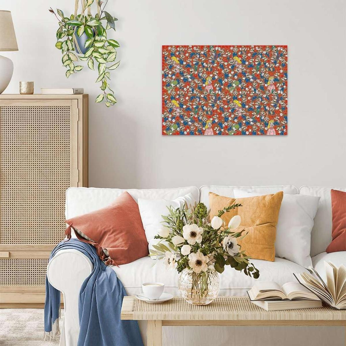 Ein Poster mit vielen Mario-Figuren auf rotem Hintergrund.