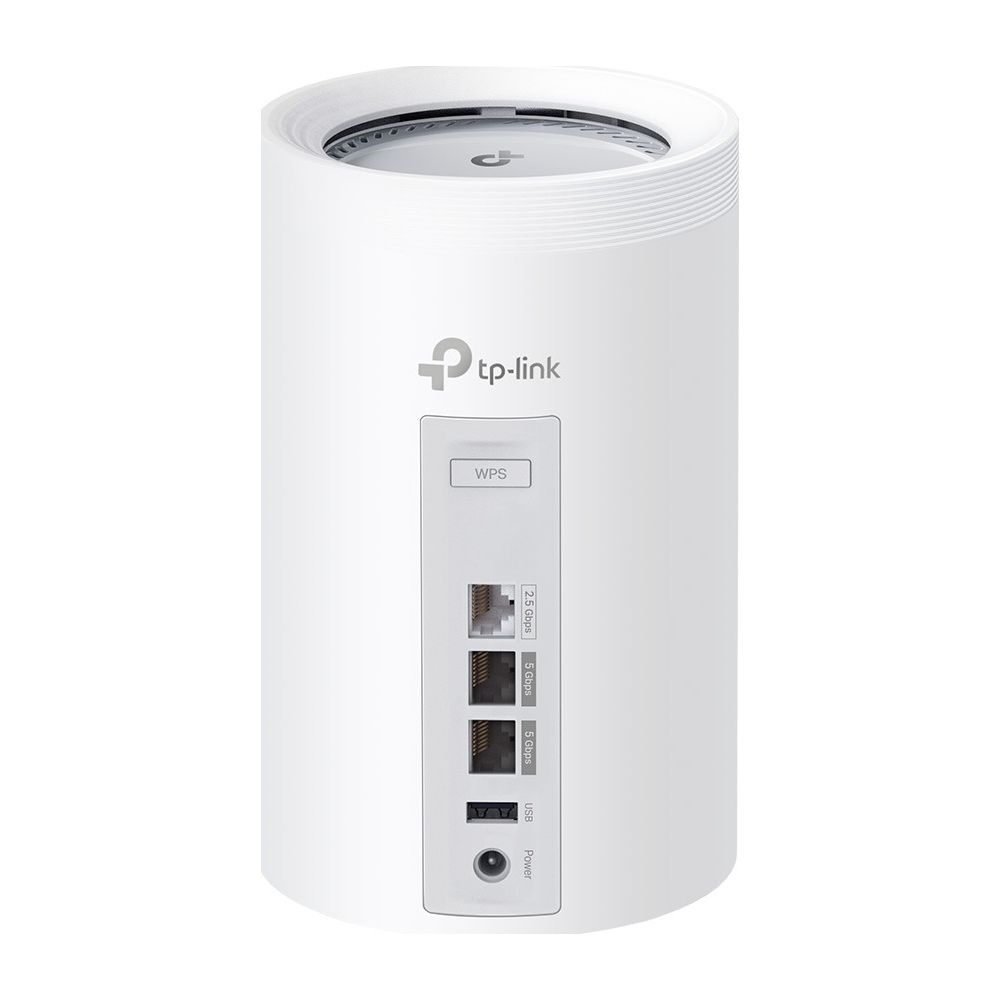 Un router TP-Link blanco con WPS, puertos de 2,5 Gbps, 5 Gbps y USB.
