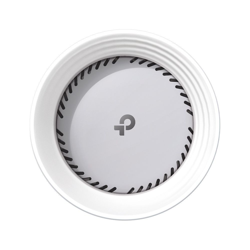 Un router Wi-Fi redondo blanco con el logo de TP-Link en el centro.