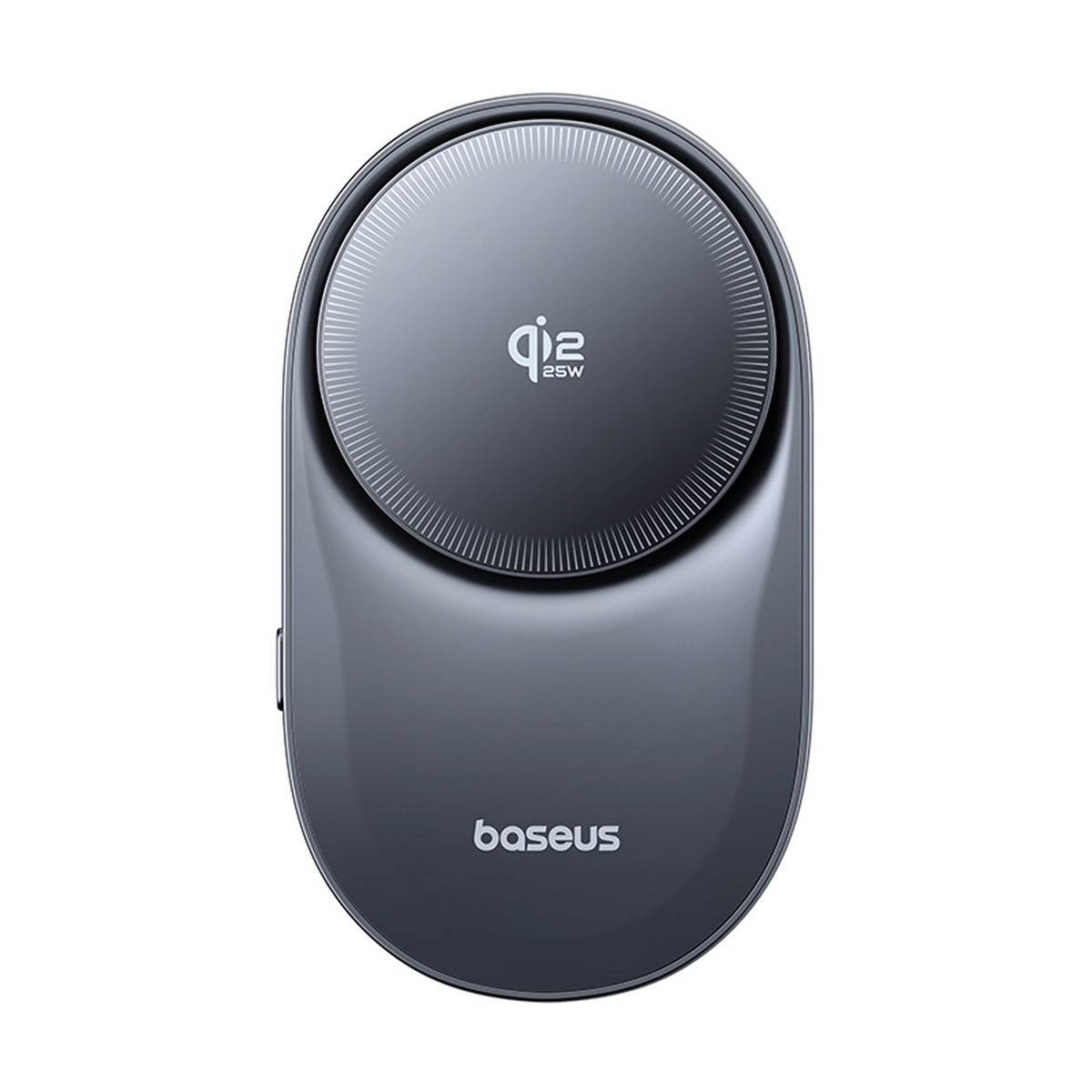 Un caricatore wireless Baseus grigio scuro con logo Qi 25W.