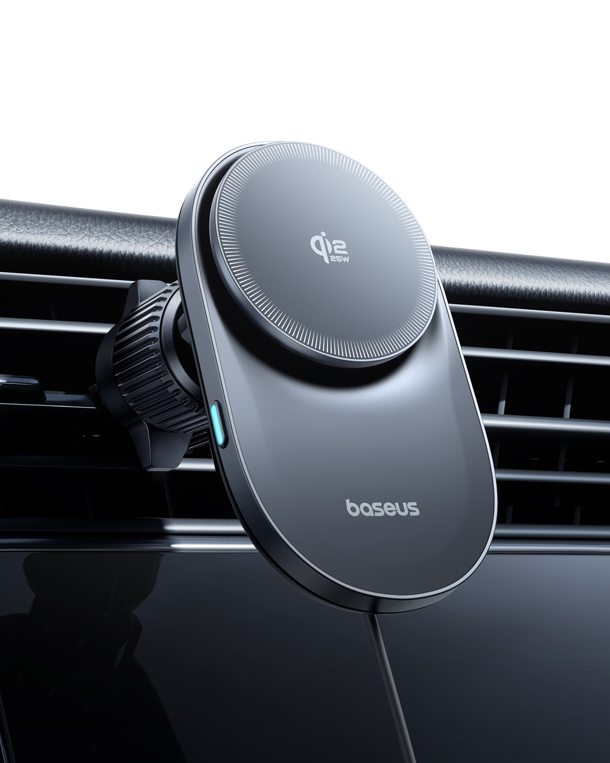 Supporto auto caricabatterie Qi grigio, fissato a una griglia di ventilazione.