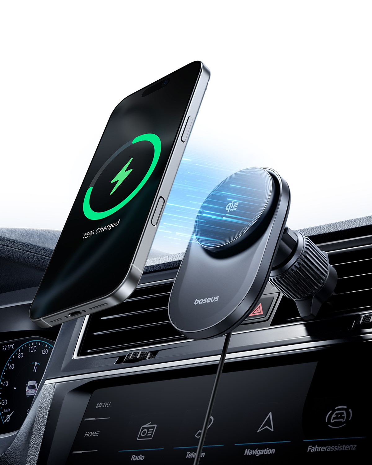 Uno smartphone si ricarica wireless su un supporto caricabatterie magnetico per auto.