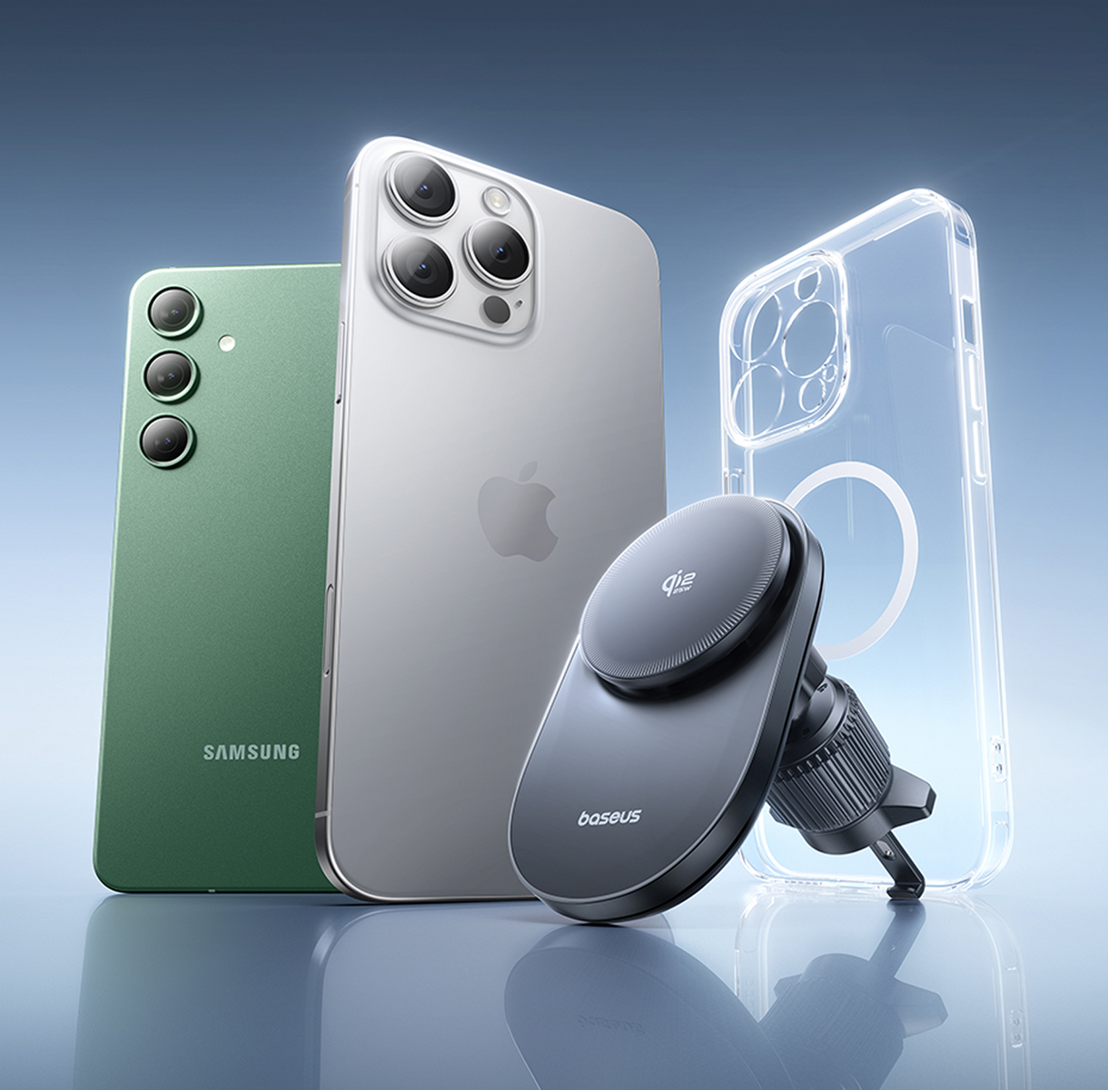 Samsung verde, iPhone argento, caricabatterie e custodia su sfondo blu.