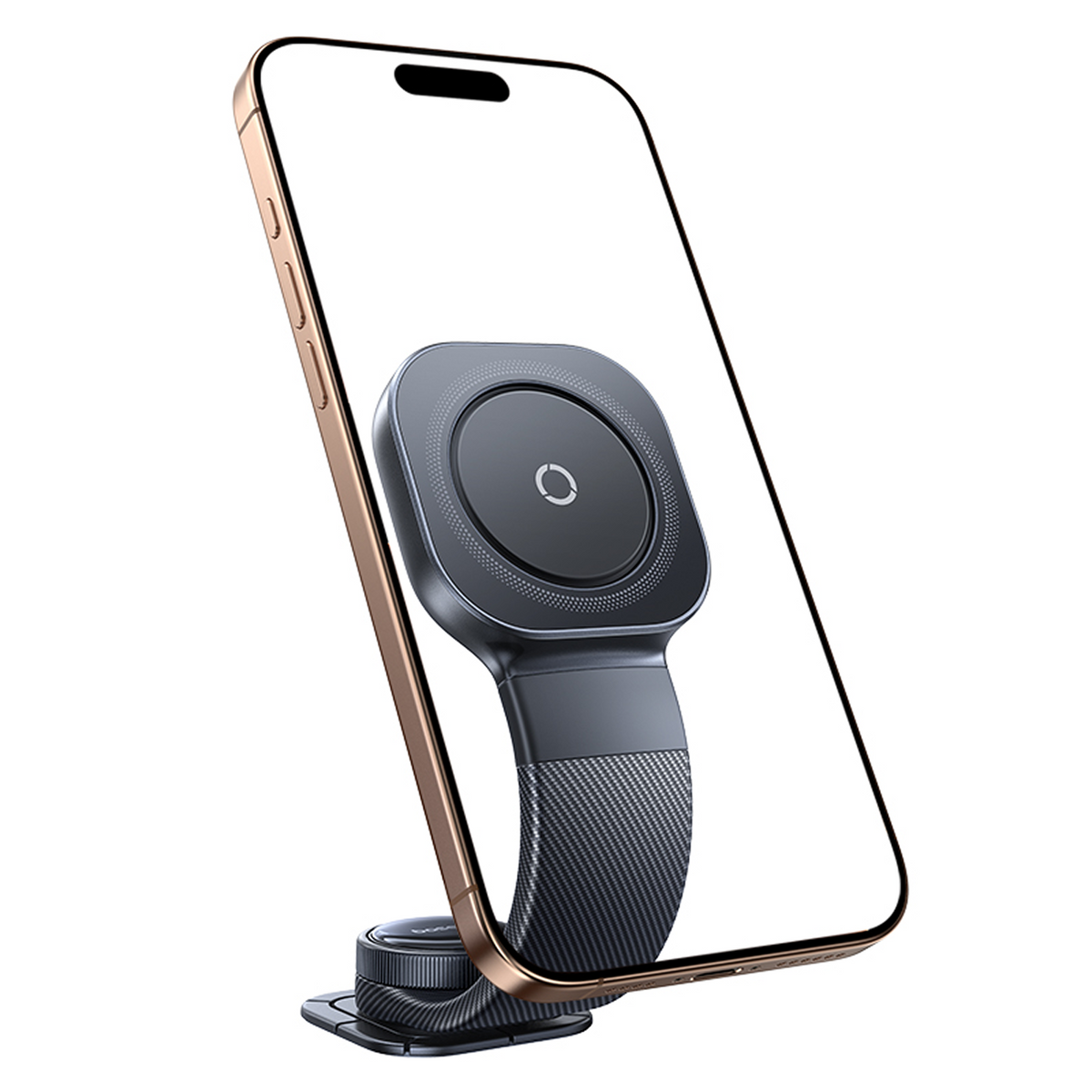 Smartphone dorato con supporto magnetico per auto nero sullo schermo.
