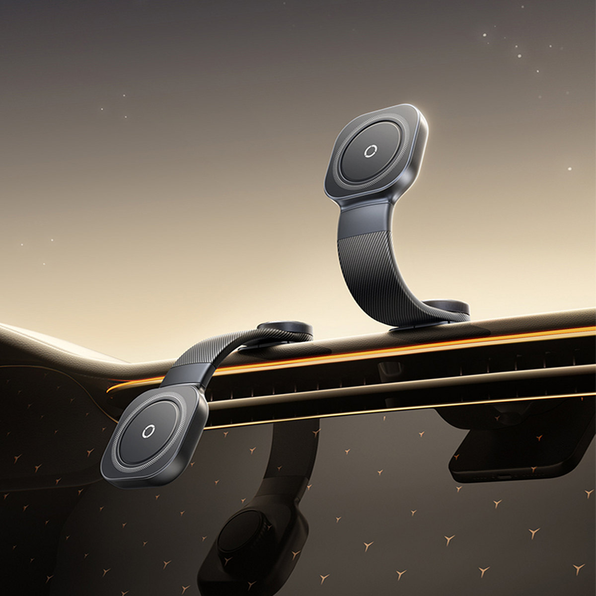 Due supporti per telefono per auto neri con bracci flessibili su un cruscotto.