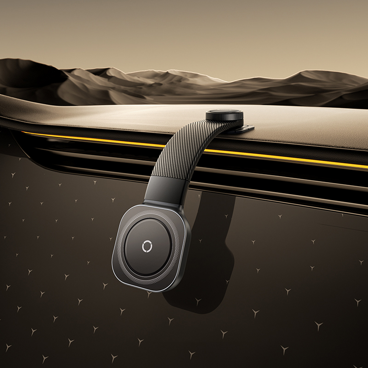 Un paio di cuffie con fascia nera e motivo in carbonio su un cruscotto.