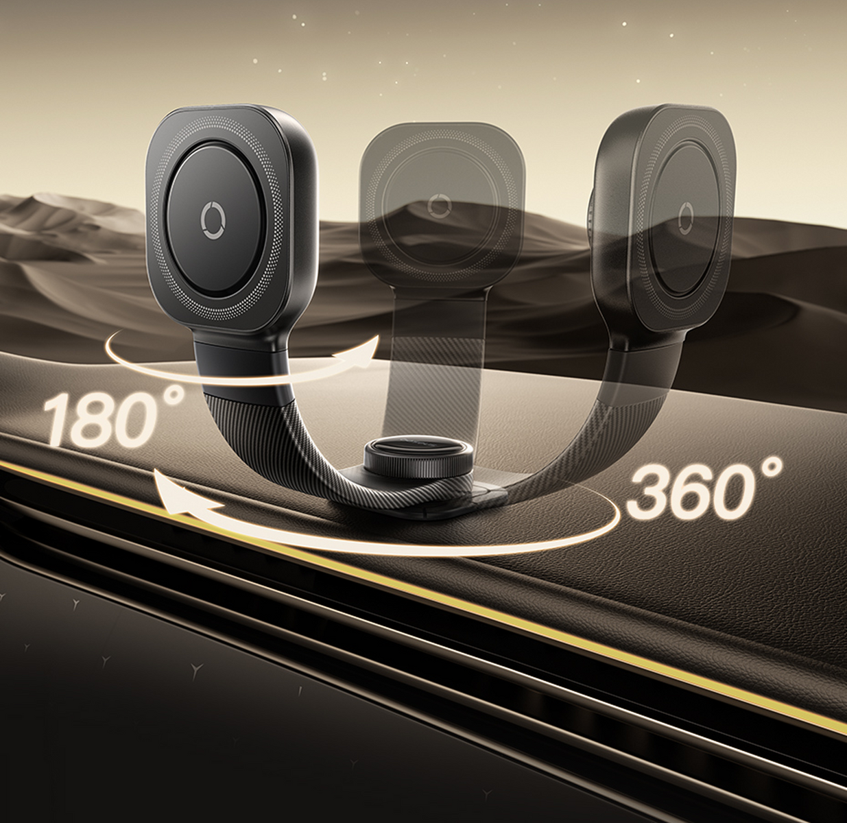 Un supporto magnetico per telefono nero con indicatori di rotazione a 180 e 360 gradi.