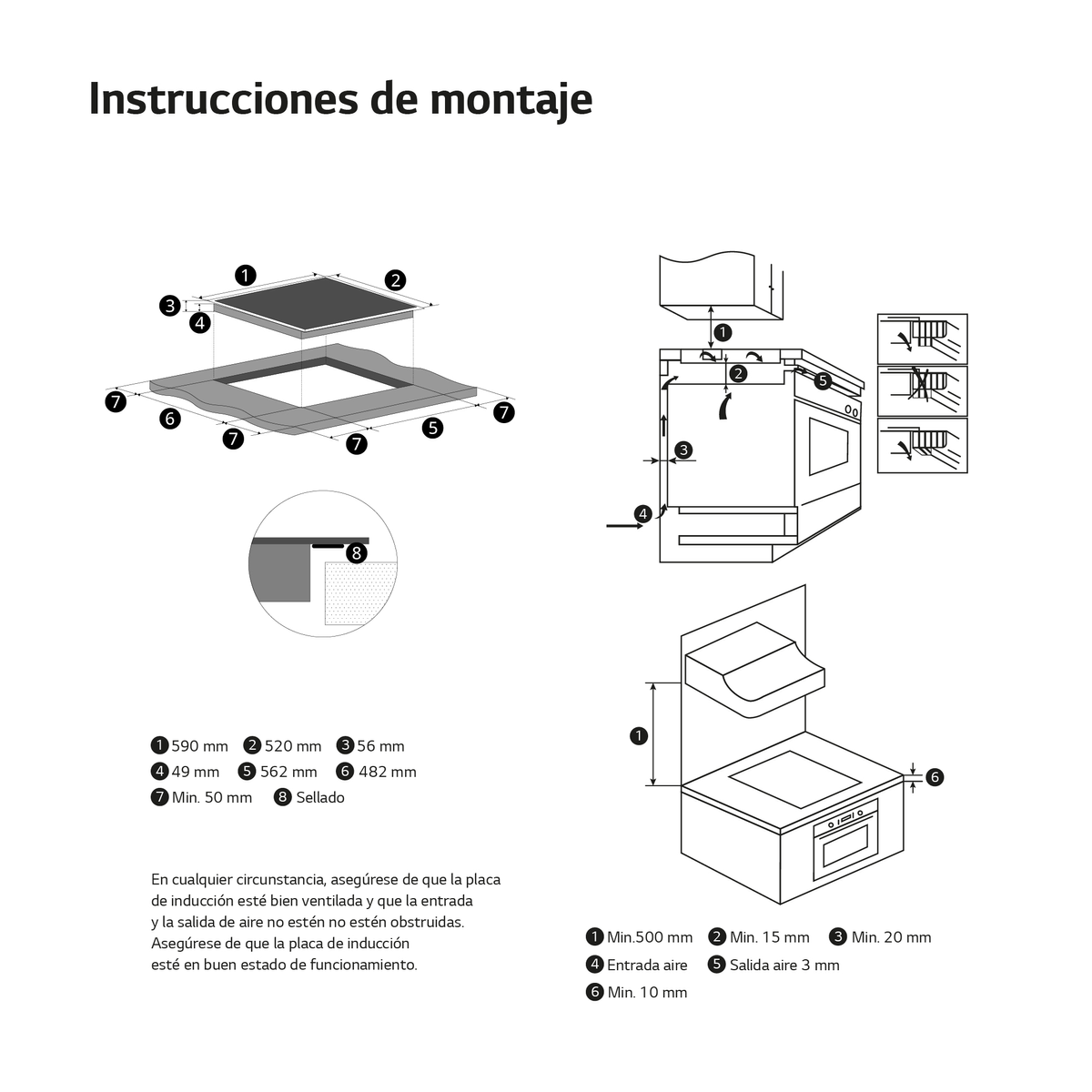 Instrucciones de montaje para placas y electrodomésticos con dimensiones y ventilación.