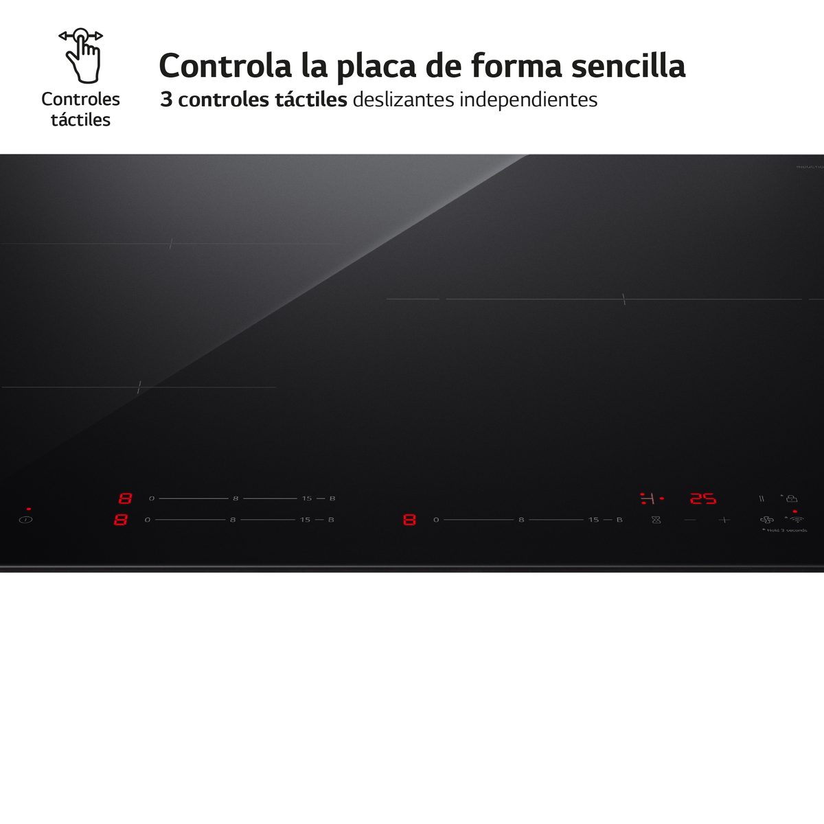 Placa de inducción negra con pantallas digitales para zonas de cocción y controles.