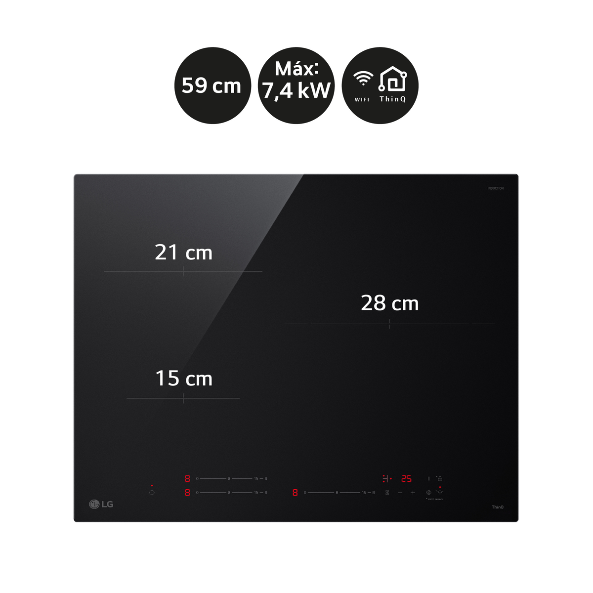 Placa de inducción negra con dimensiones 21cm, 15cm, 28cm y controles.