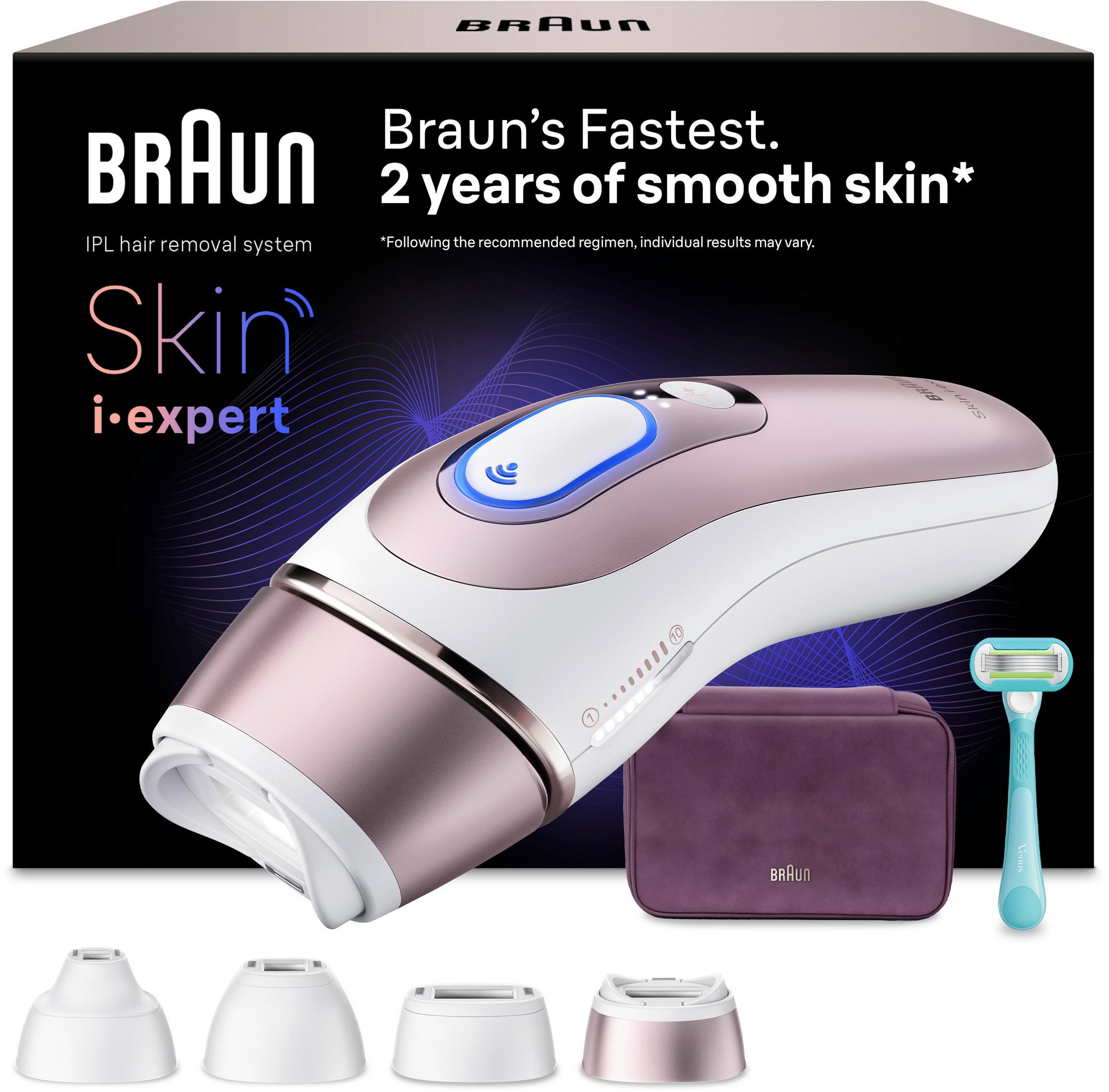 Braun IPL tüy dökücü ve aksesuarları: tıraş bıçağı, çanta ve başlıklar.