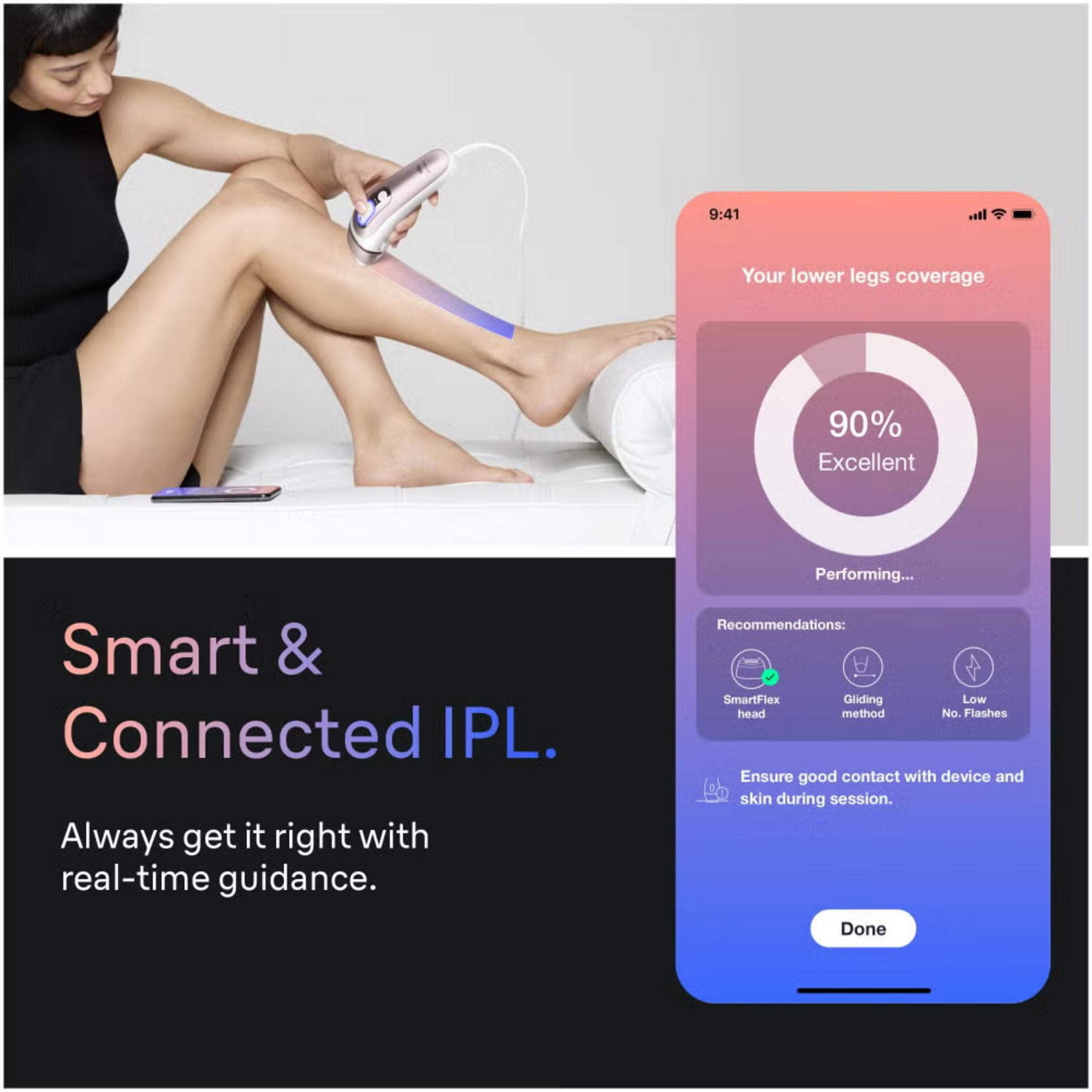 Bir kadın bacağına IPL cihazı kullanıyor, yanında bir uygulama ekranı var.