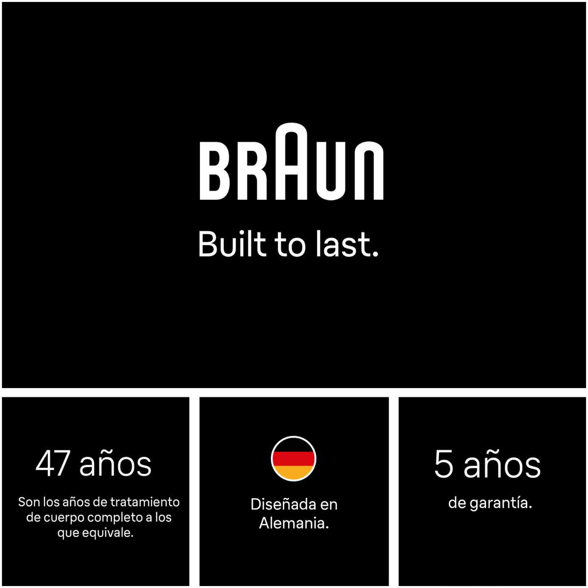 BRAUN logosu, 47 yıllık tedavi, Almanya ve 5 yıl garanti hakkında metin.