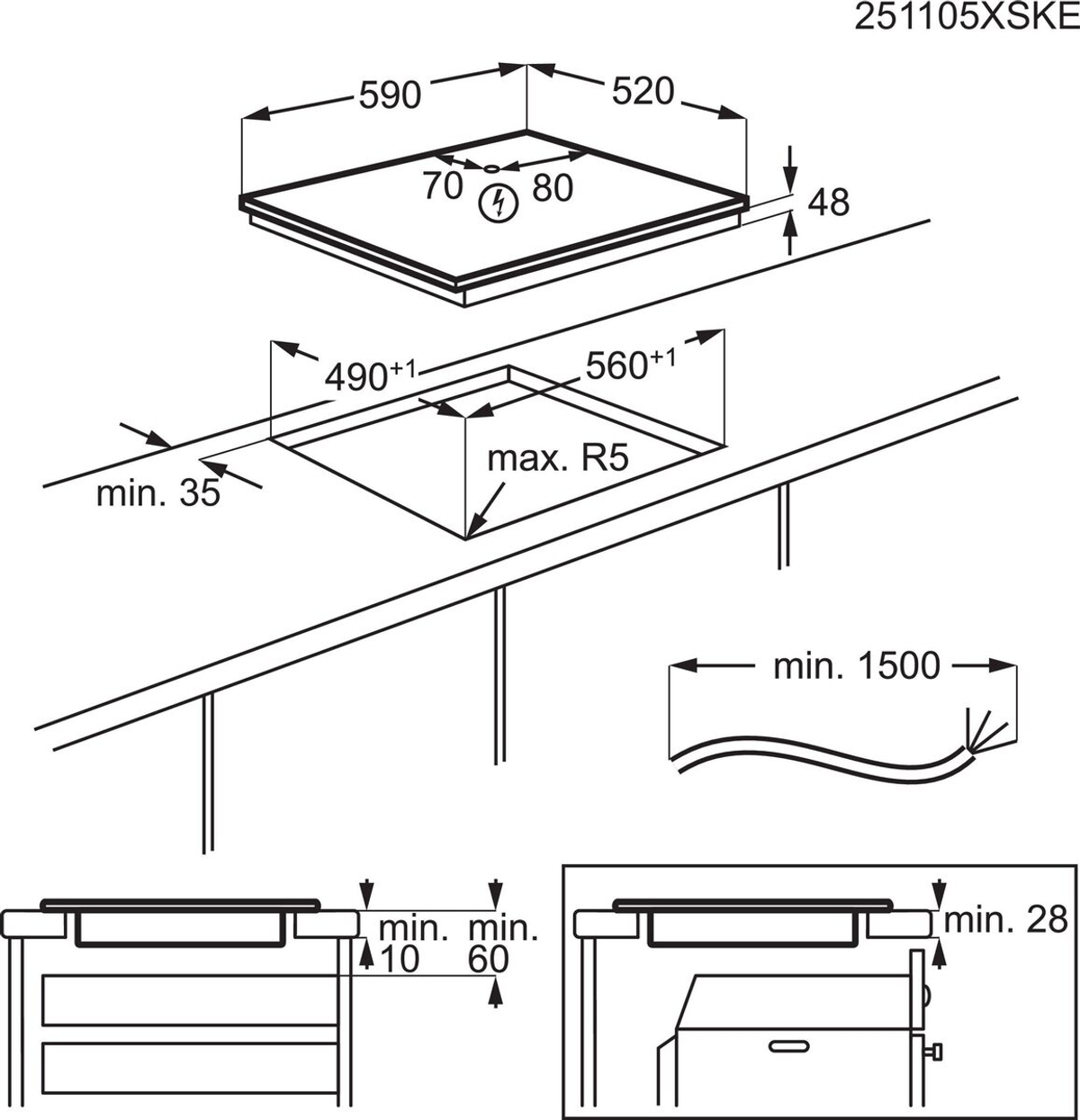 Il diagramma mostra le dimensioni per l'installazione di un piano cottura. Include le misure di taglio e dell'unità.