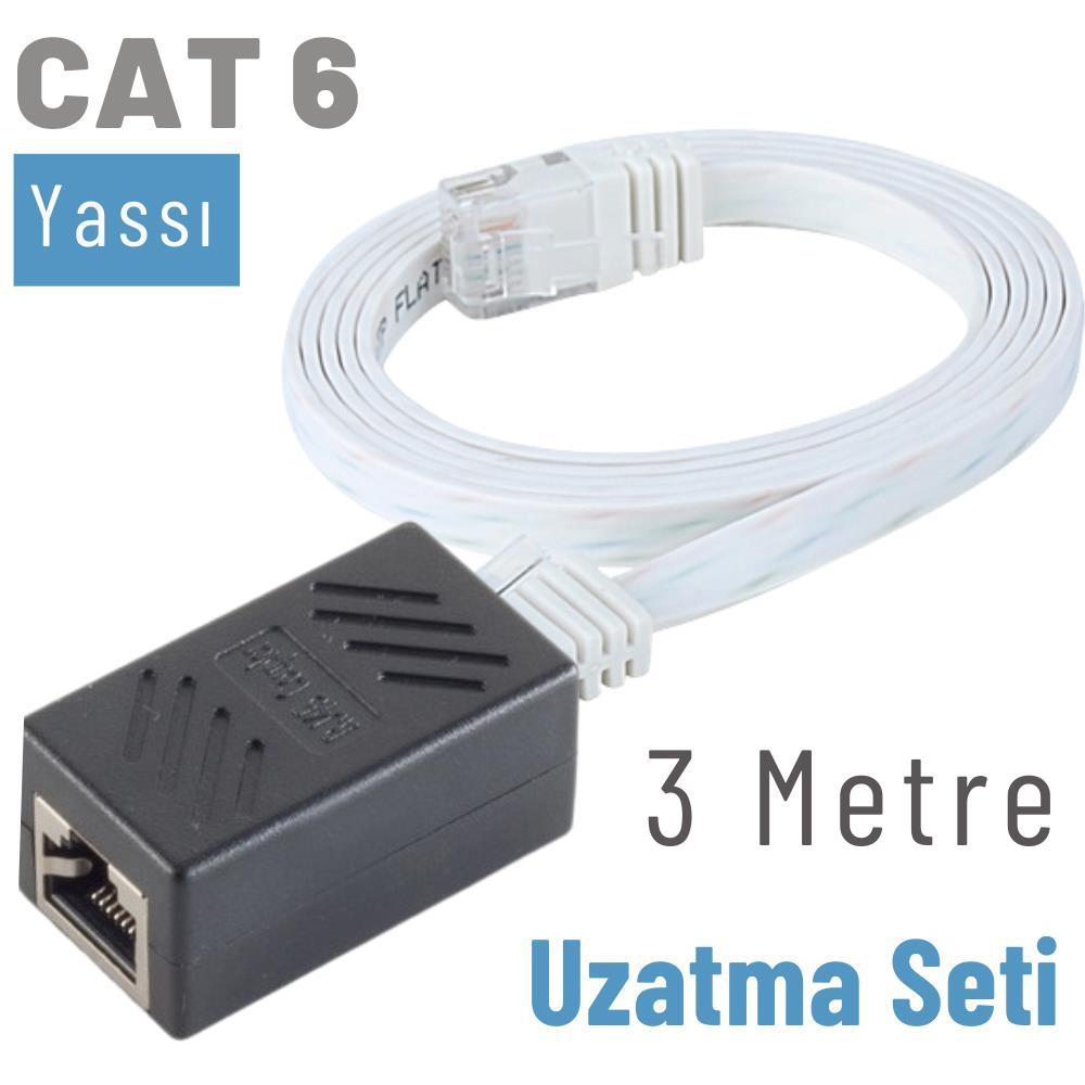 3 metre uzunluğunda beyaz CAT6 yassı kablolu siyah Ethernet birleştirici.