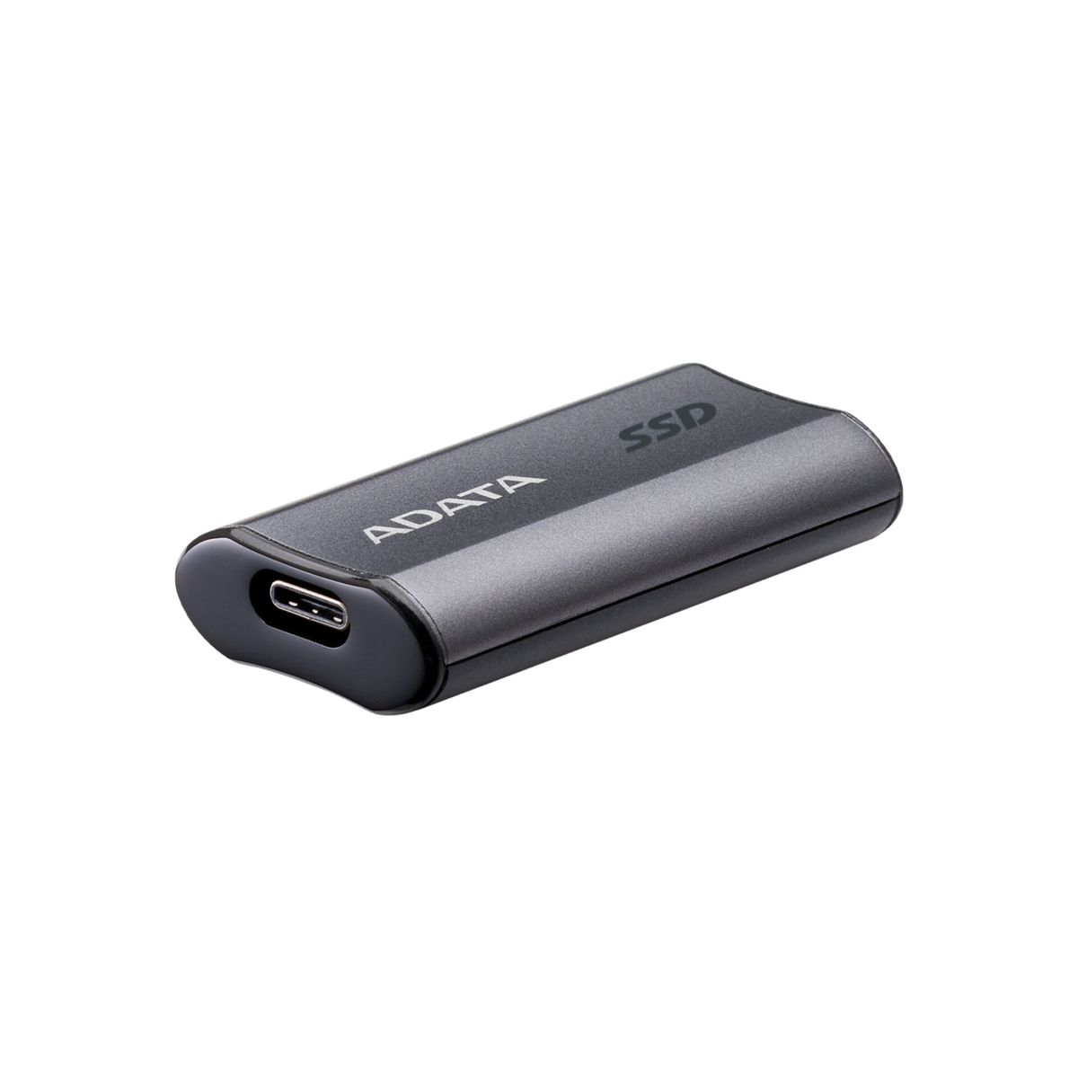 Disque dur externe SSD ADATA gris avec port USB-C sur fond blanc.