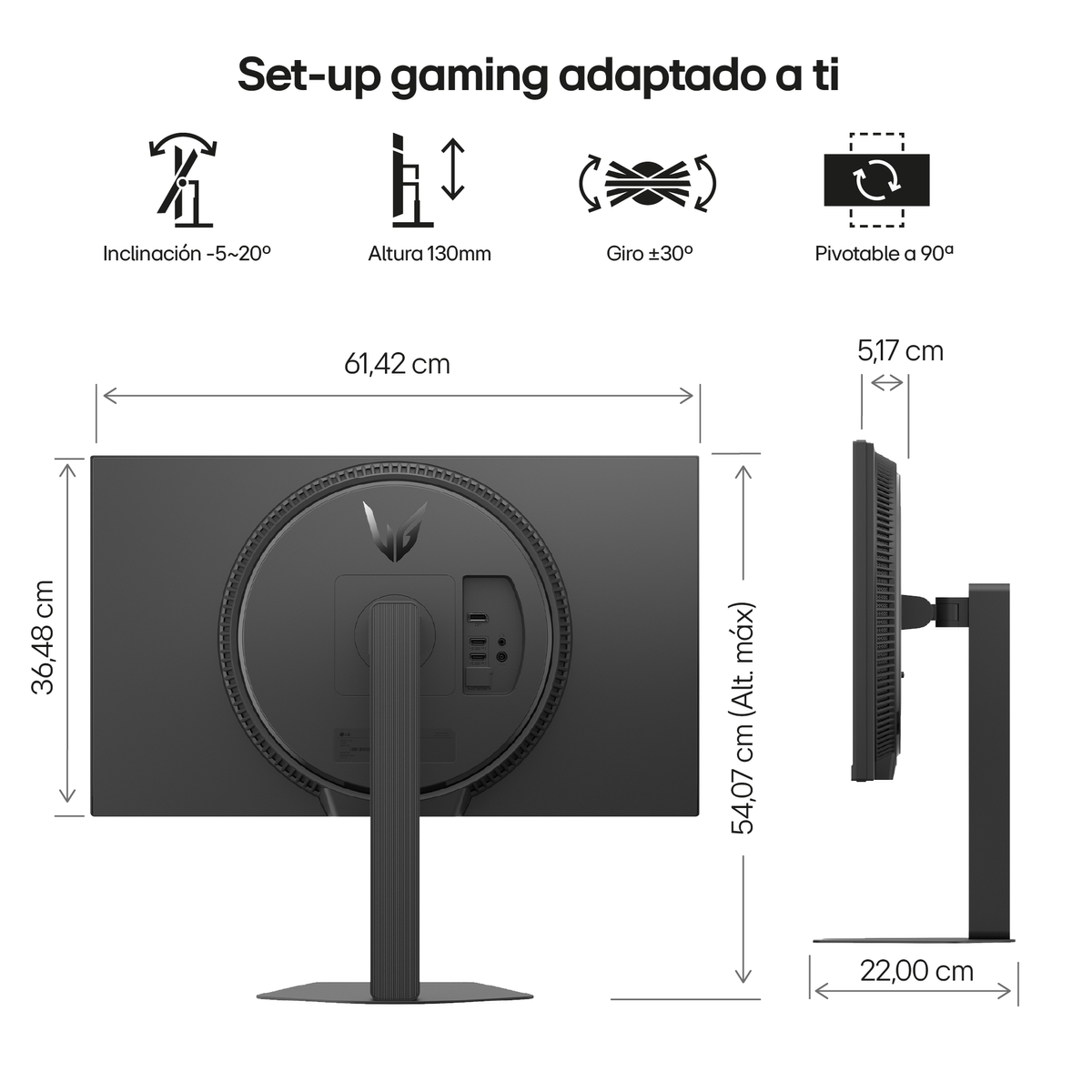 Rysunek techniczny monitora z wymiarami i opcjami regulacji.