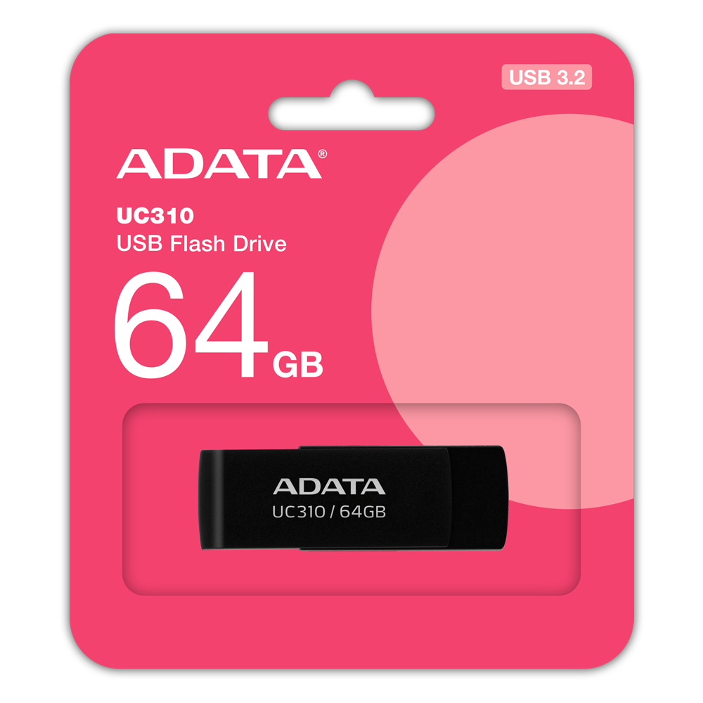 ADATA UC310 64GB USB 3.2 Flash Drive in pink packaging.