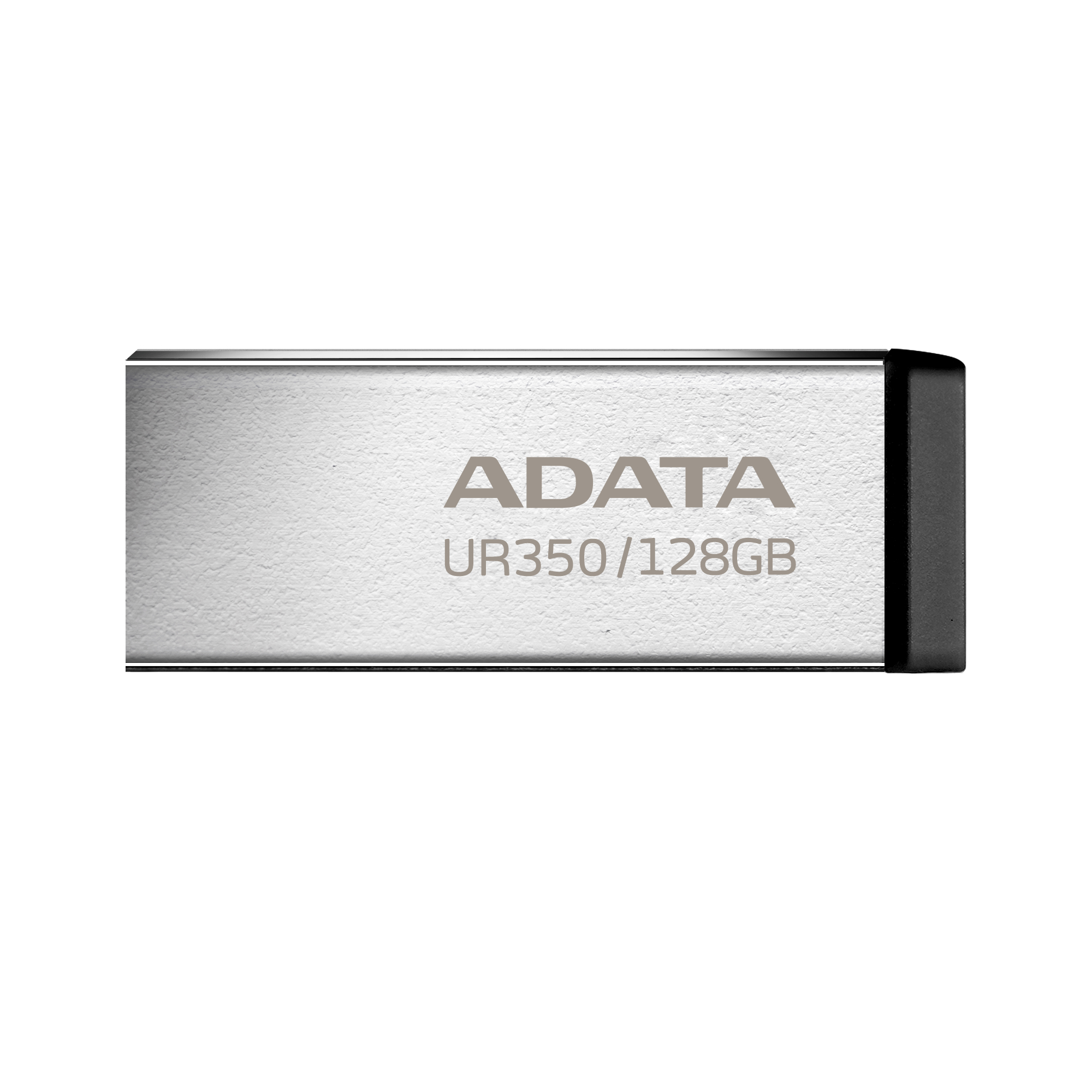 Pen drive USB ADATA UR350 128GB. Corpo in metallo argentato con cappuccio nero.