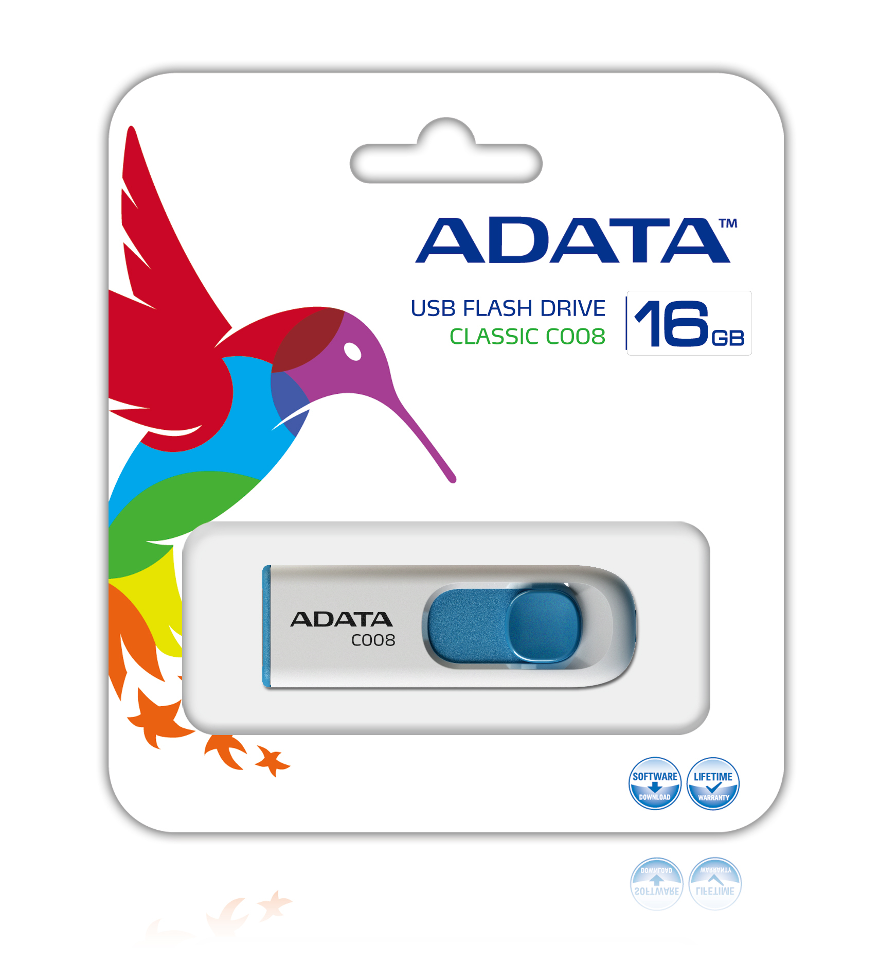 Pen drive ADATA da 16GB in confezione con design colorato di colibrì.