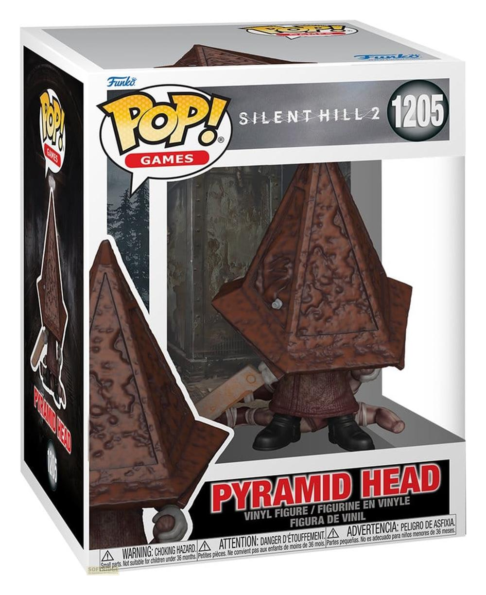 Figura Funko Pop. de Pyramid Head de Silent Hill 2 en caja, con un gran casco marrón oxidado.