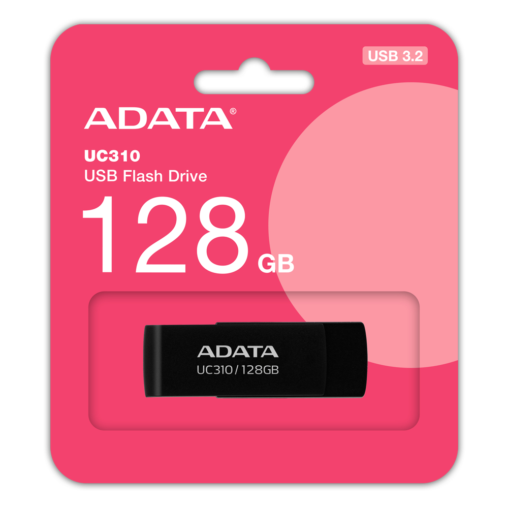 Chiavetta USB ADATA UC310, 128 GB, nera, in confezione rosa.