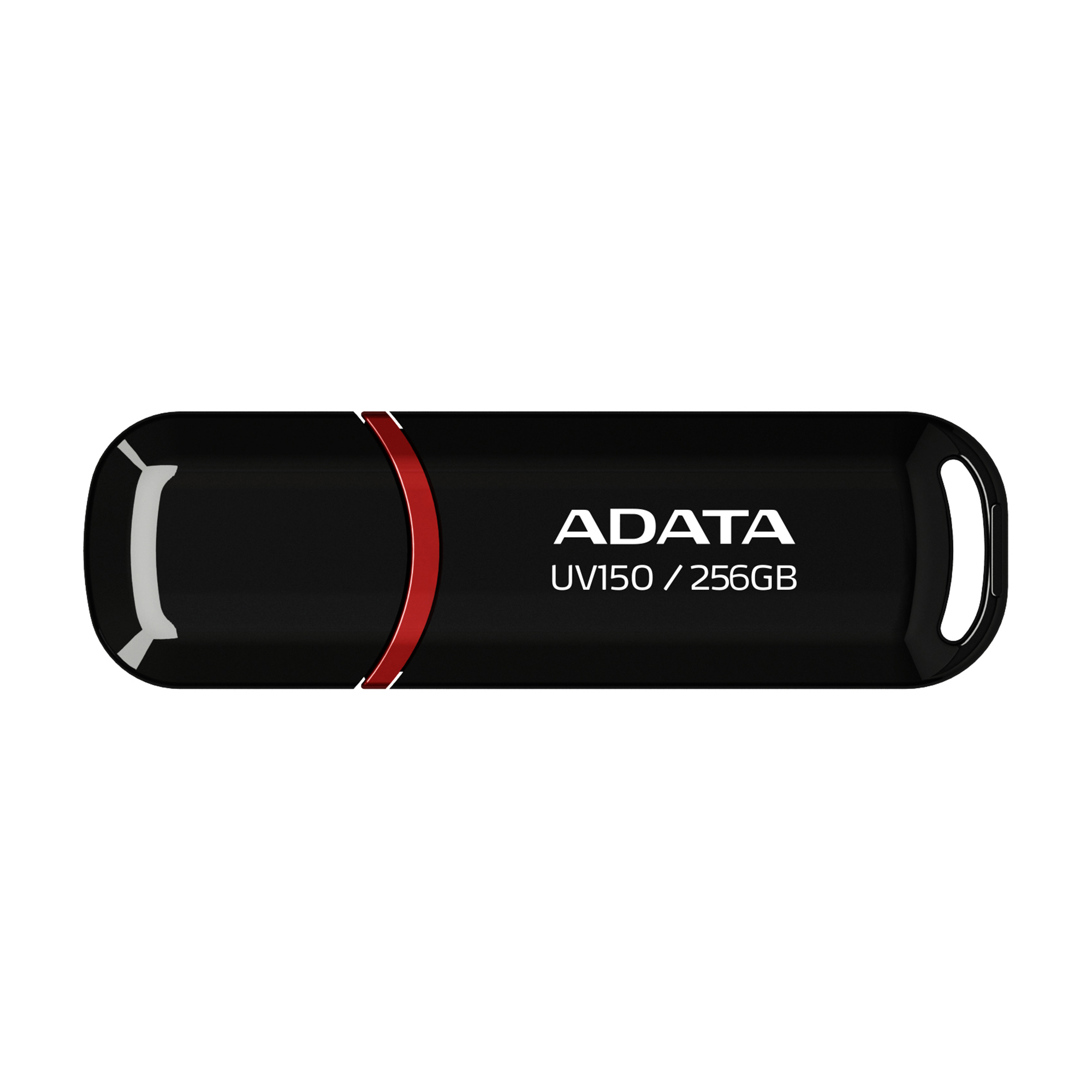 Clé USB ADATA noire avec accent rouge, capacité de 256 Go.