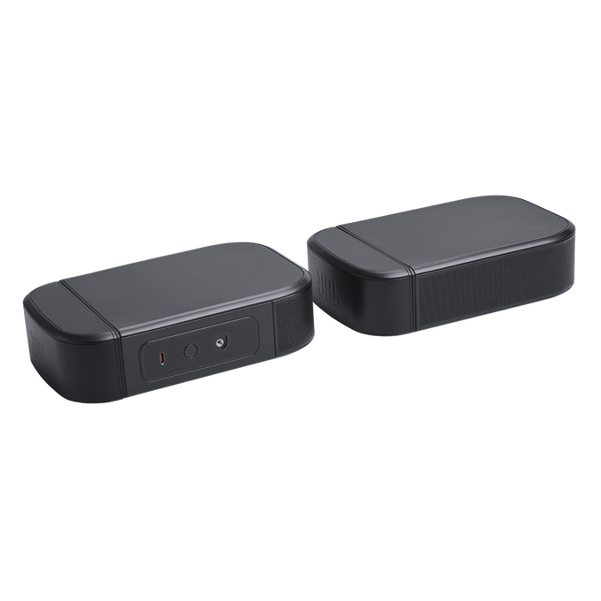 Dos altavoces rectangulares negros con logo JBL sobre fondo negro.
