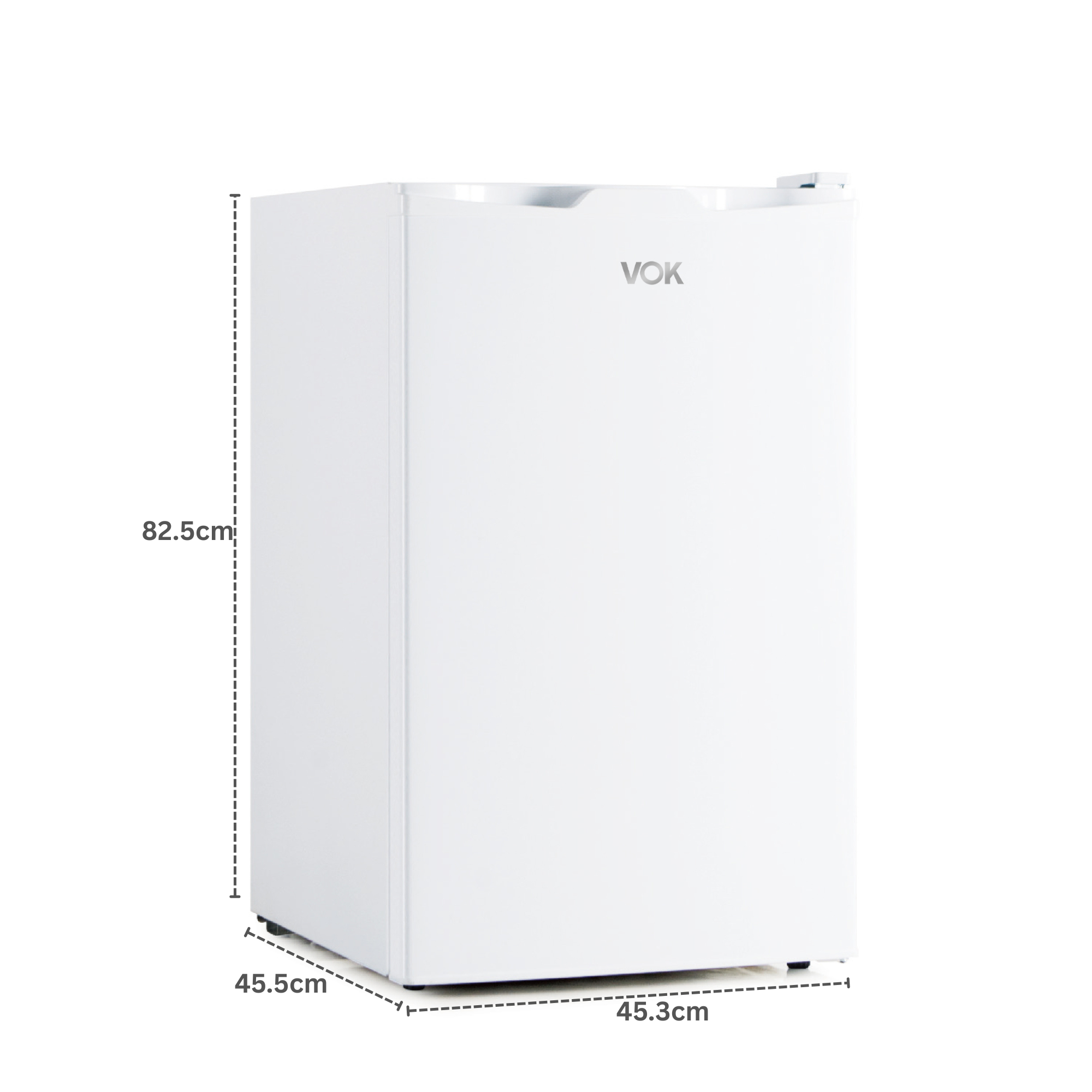 Un refrigerador blanco VOK con dimensiones de 82,5 x 45,5 x 45,3 cm.