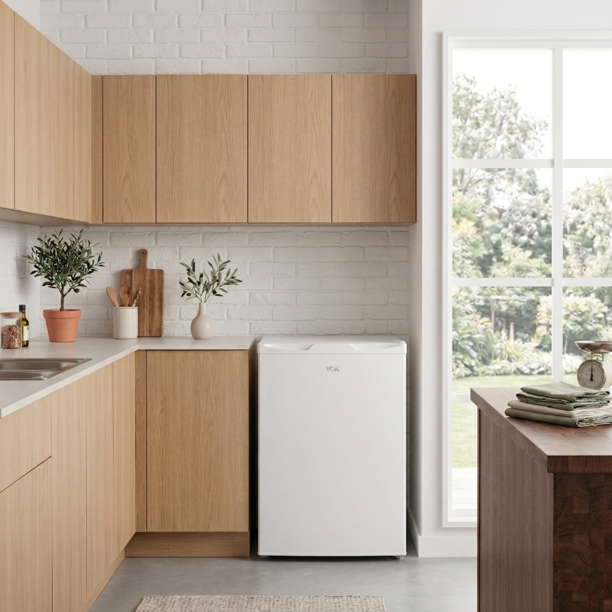 Un refrigerador blanco compacto se encuentra en una cocina moderna con gabinetes de madera y salpicadero de ladrillo blanco.