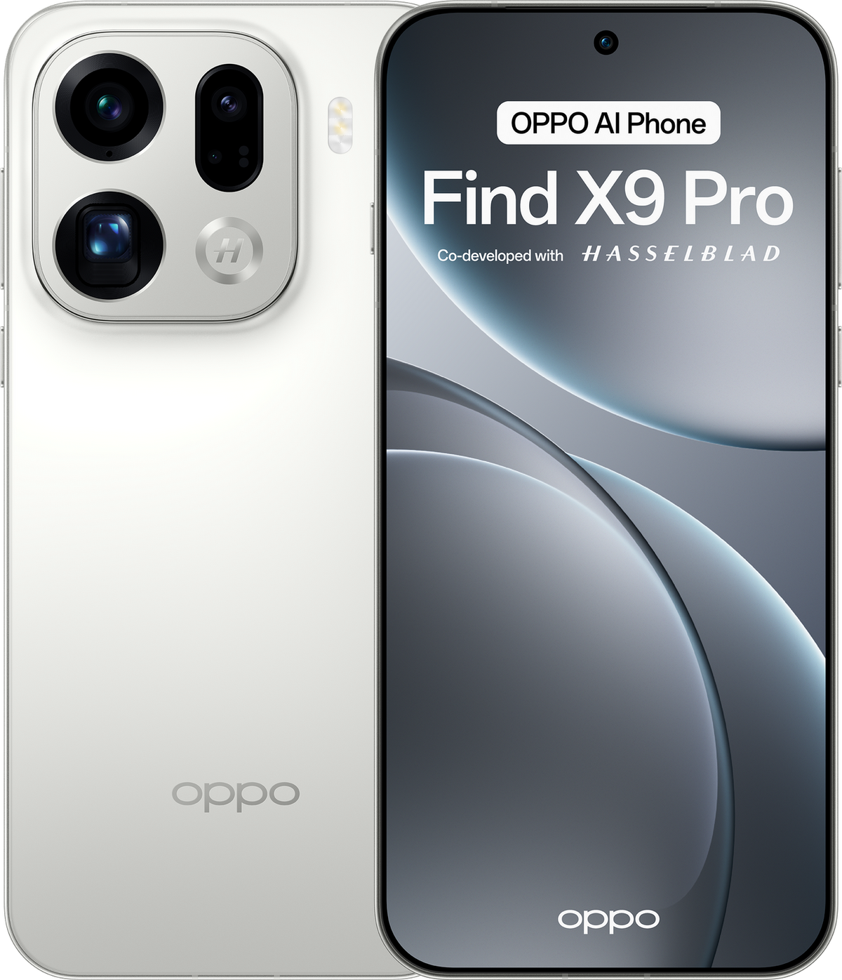 Un téléphone OPPO Find X9 Pro blanc avec un système de caméra Hasselblad est montré.