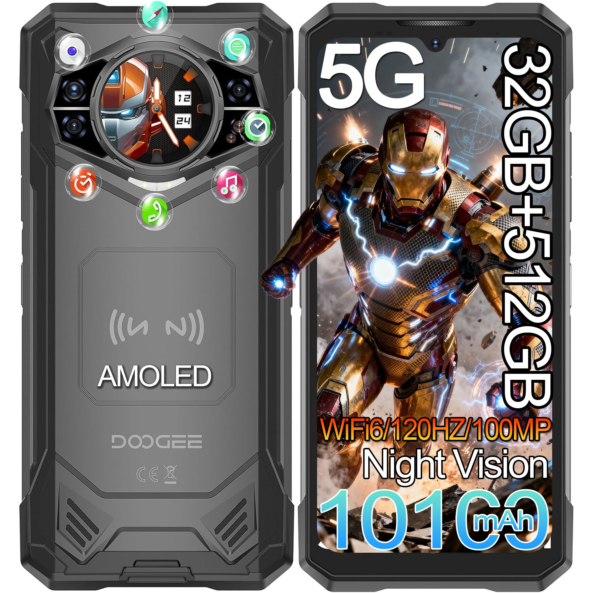 Doogee Smartphone: Rückseite mit Uhr, Kameras. Vorderseite mit Iron Man, 5G, 32GB+512GB, 10160mAh.