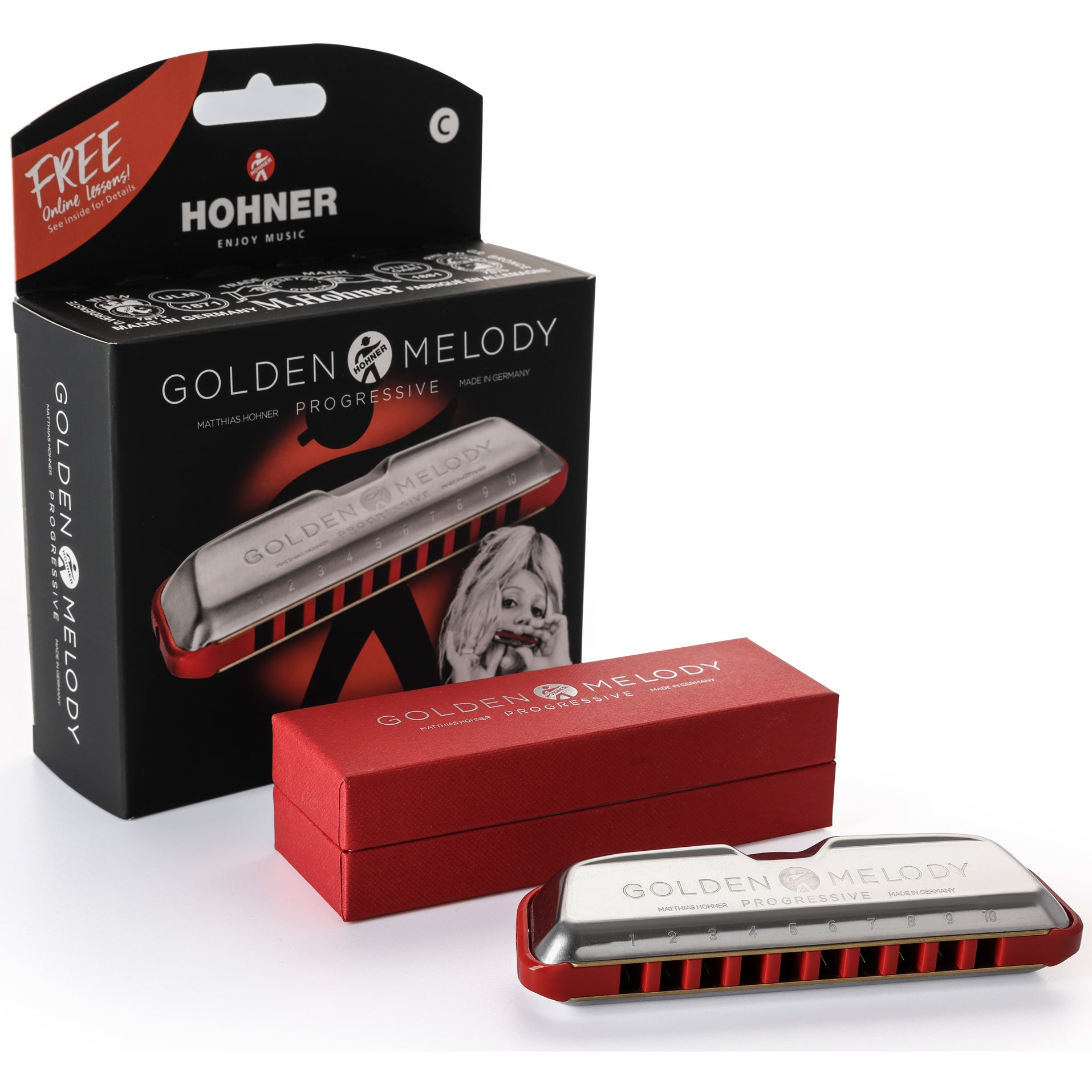 Hohner Golden Melody mondharmonica in rode geschenkdoos en verpakking.