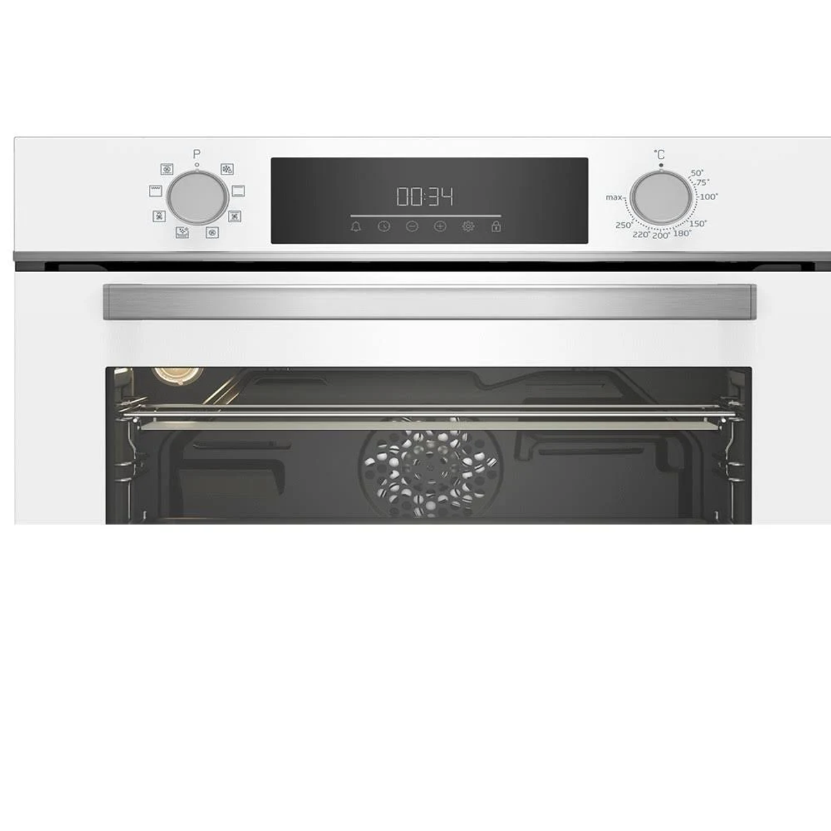 Un horno blanco con pantalla digital que muestra "00:34" y dos perillas de control, con la puerta del horno abierta.