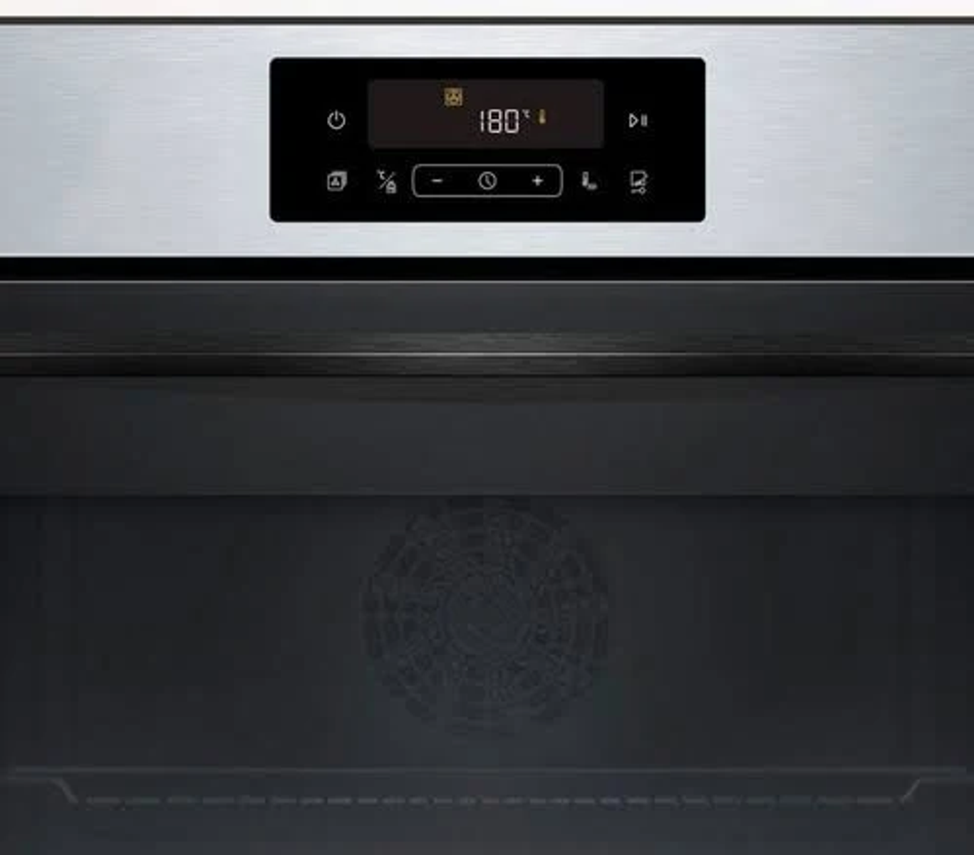 Horno de acero inoxidable con pantalla digital a 180 grados y controles.
