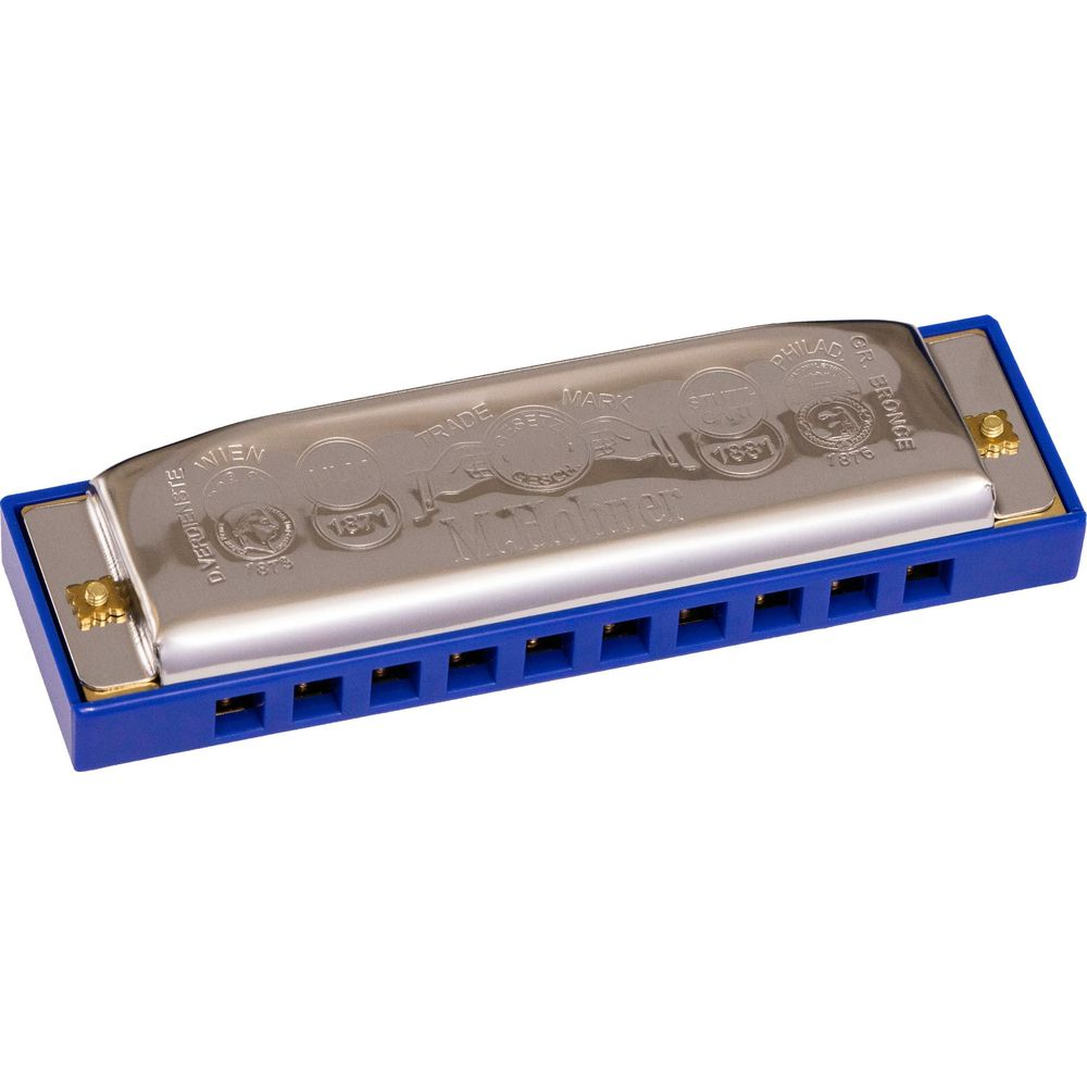 A blue harmonica with a silver cover featuring brand markings.