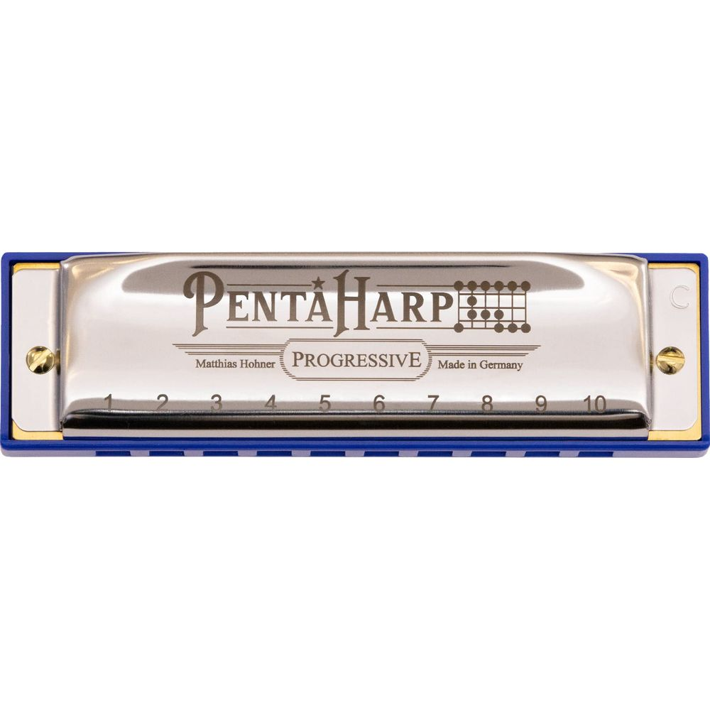 A blue harmonica with a silver cover plate and text.