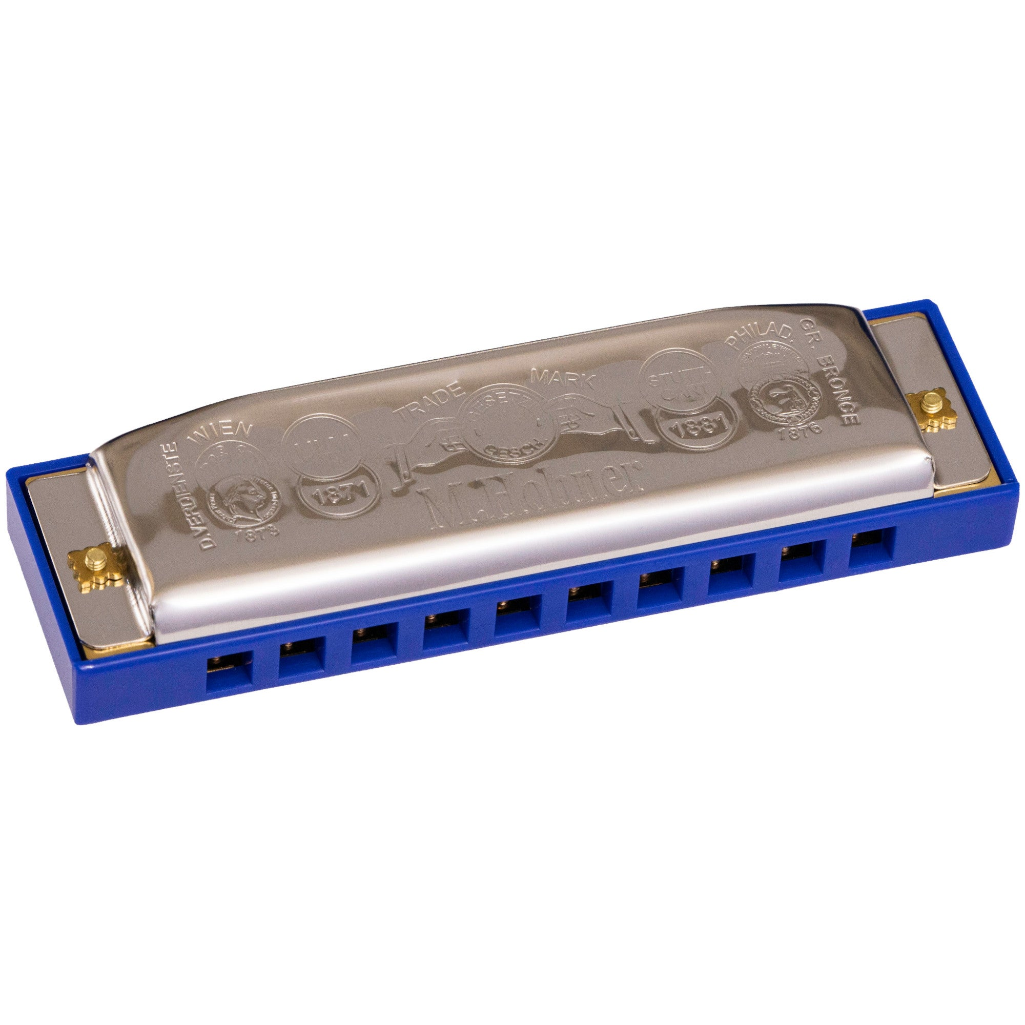 A blue harmonica with a silver cover and engravings.