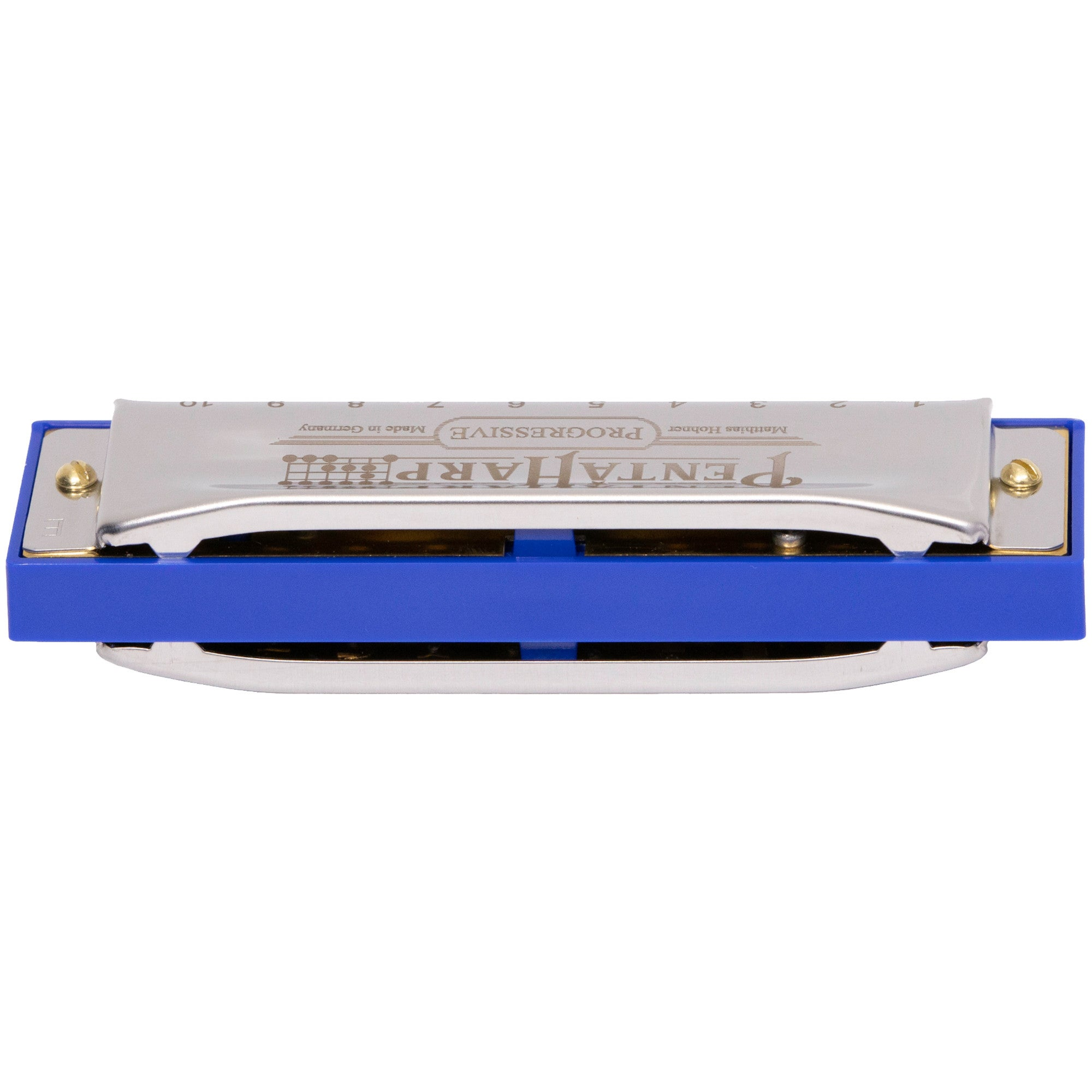 A blue harmonica with a silver cover, featuring printed numbers and text.